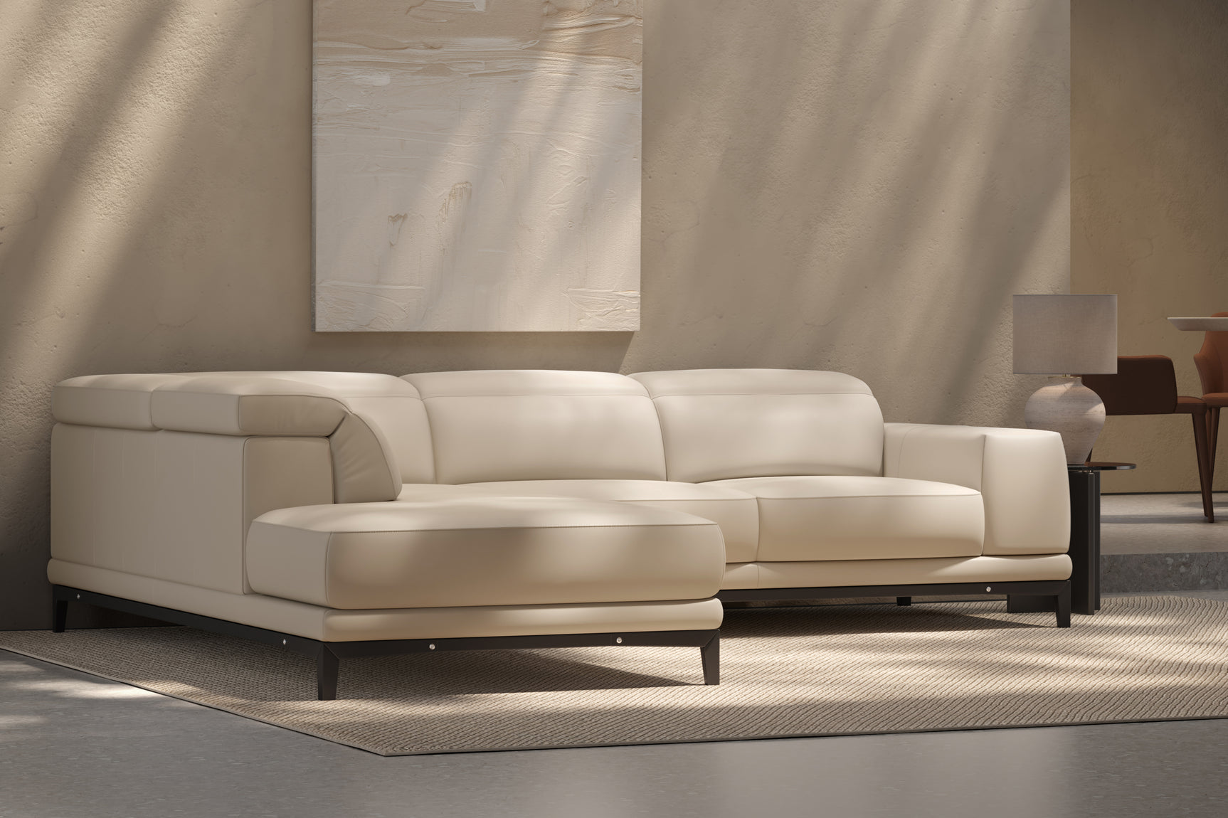 Valencia Valletta Top Grain Leather L-Shape with Left Chaise Sofa, Rose Beige