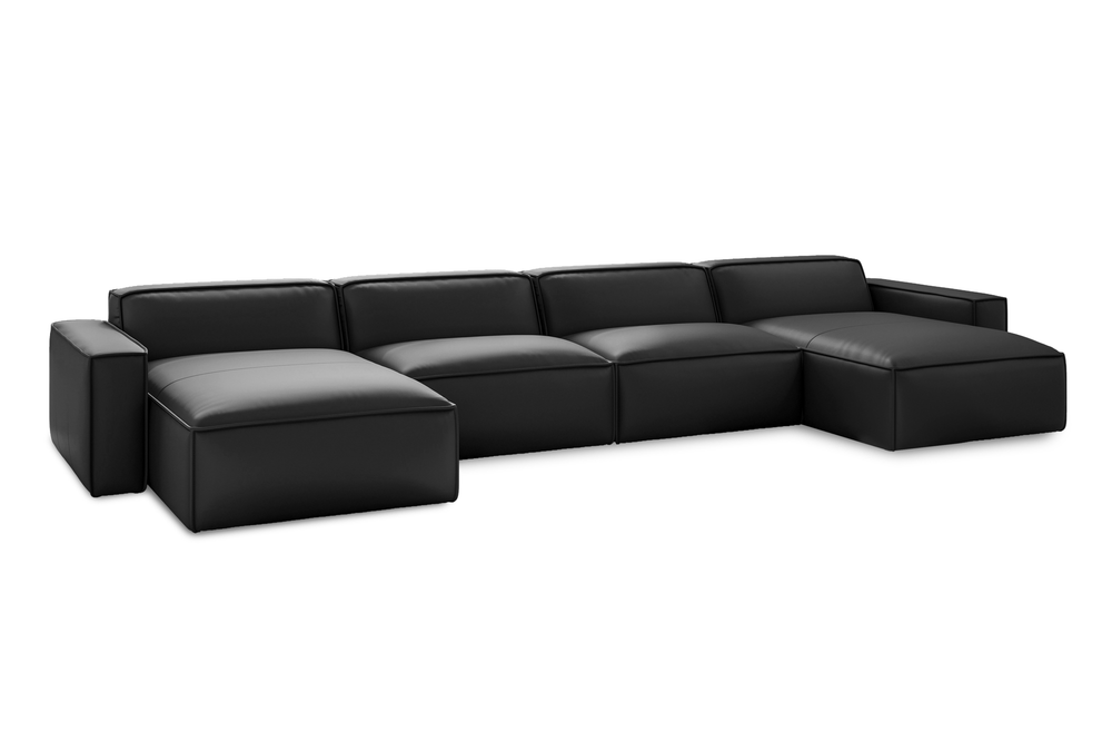 Valencia Nathan Full Aniline Leather Theater Lounge Modular Sofa with Down Feather, Row of 4 Double Chaise, Black Color