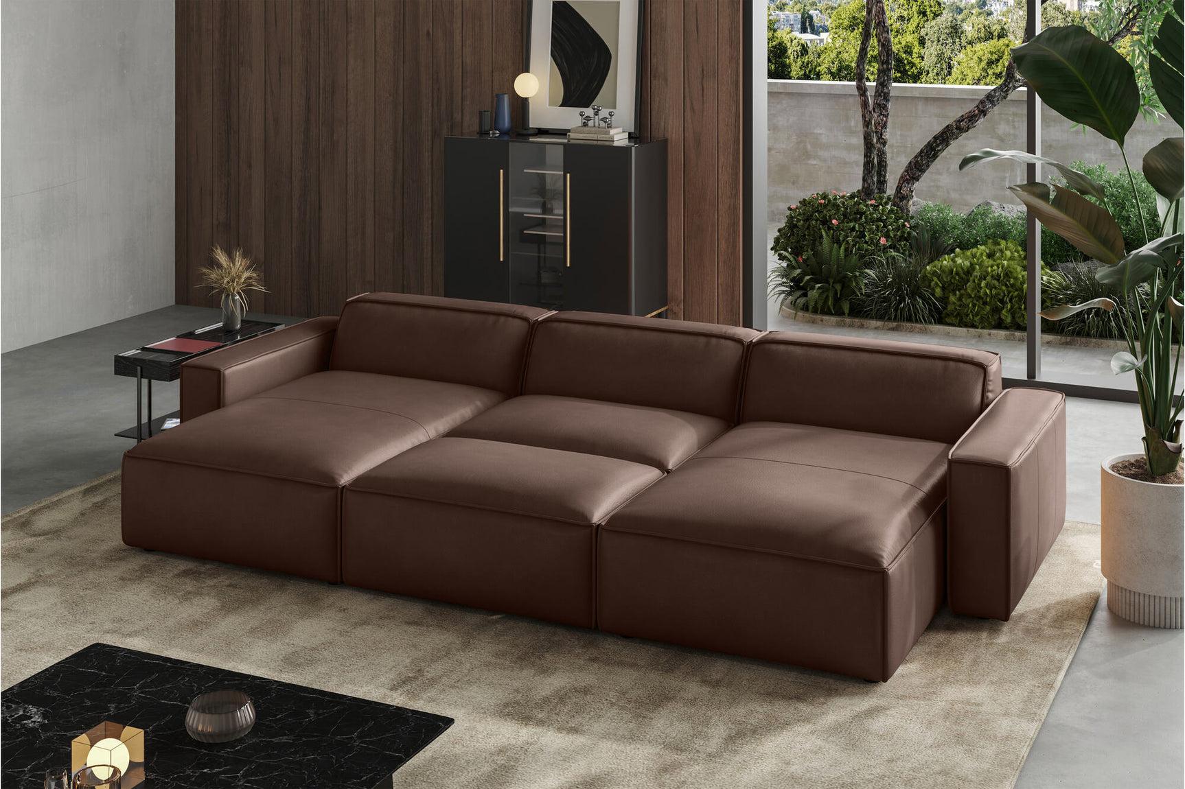 Valencia Nathan Full Aniline Leather Theater Lounge Modular Sofa with Down Feather, Bed Shape, Dark Chocolate