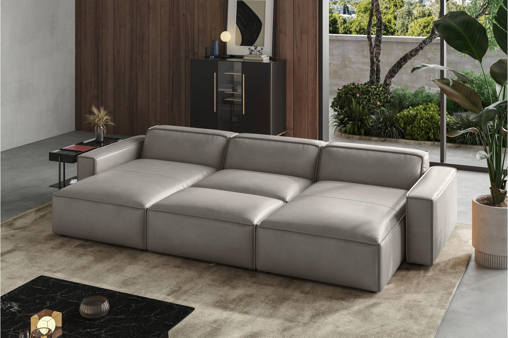 Valencia Nathan Full Aniline Leather Theater Lounge Modular Sofa with Down Feather, Bed Shape, Light Grey