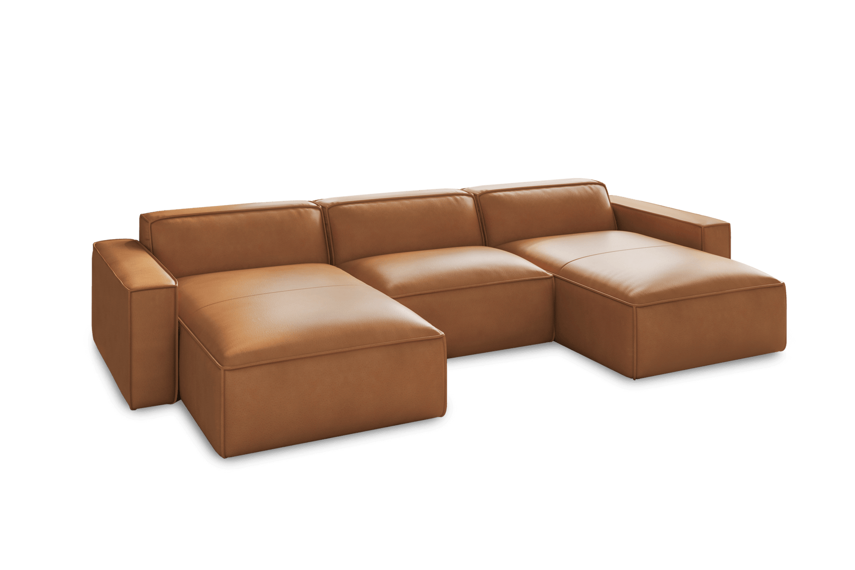Valencia Nathan Full Aniline Leather Theater Lounge Modular Sofa with Down Feather, Row of 3 with 2 Chaises, Caramel Brown Color