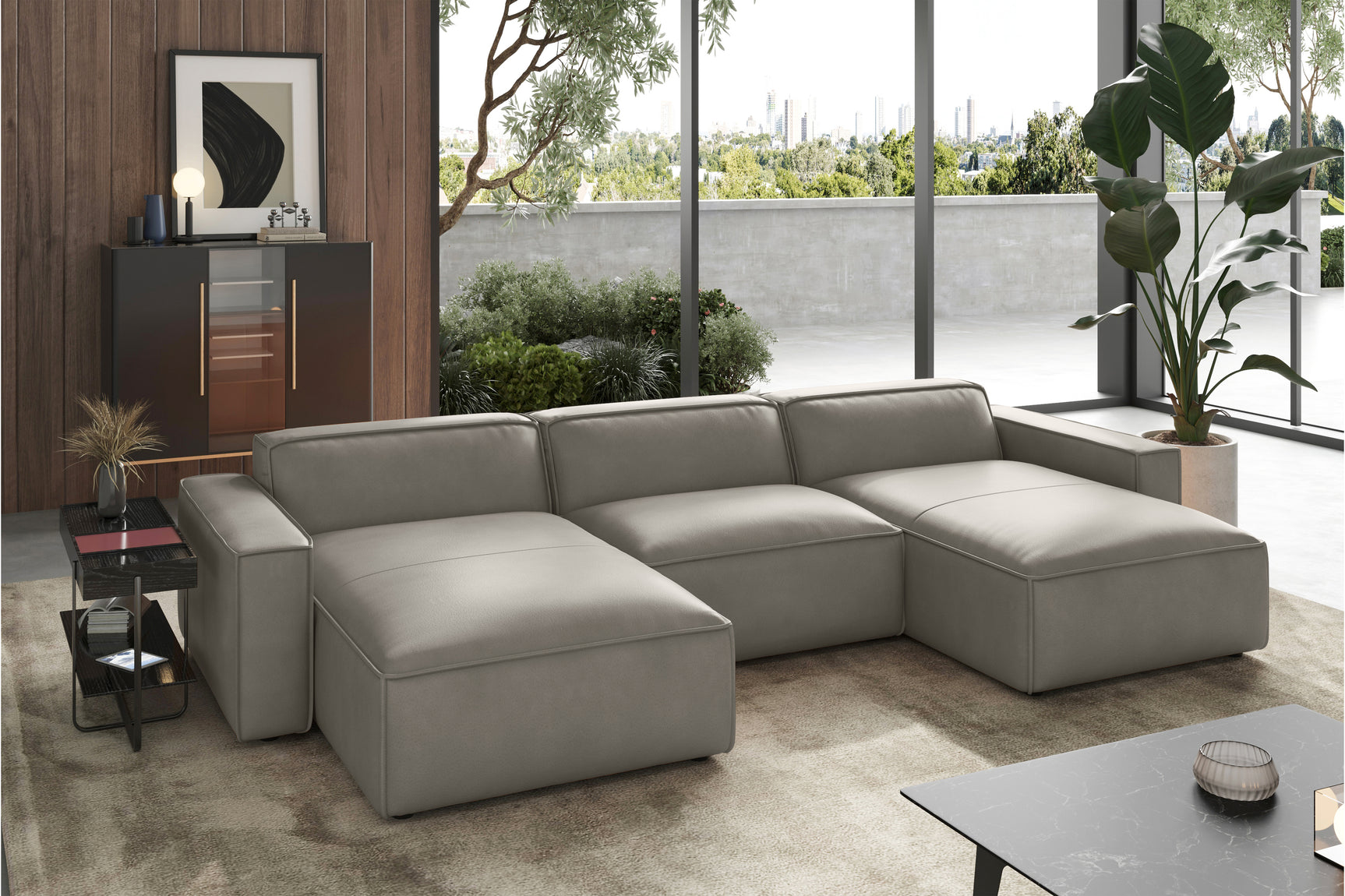 Valencia Nathan Full Aniline Leather Theater Lounge Modular Sofa with Down Feather, Row of 3 Double Chaise, Light Grey