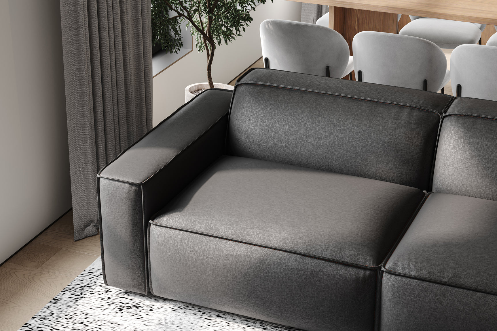 Valencia Nathan Full Aniline Leather Lounge Modular Sofa, Three Seats with Right Chaise, Black Color