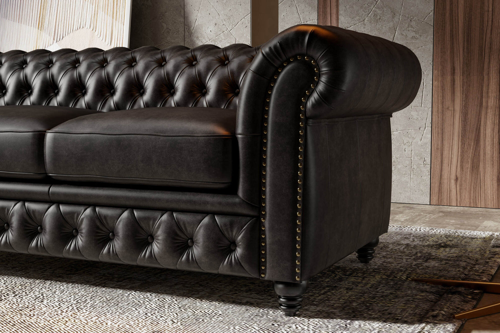 Valencia Parma 64" Full Aniline Leather Chesterfield Loveseat Sofa, Black Color