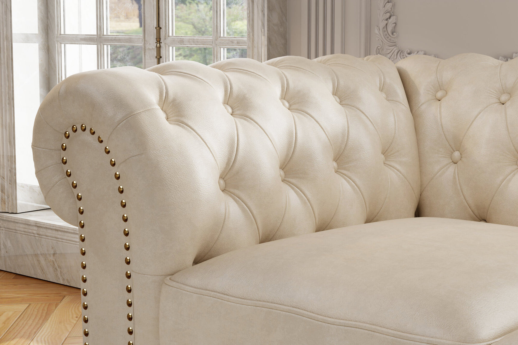 Valencia Parma 82" Full Aniline Leather Chesterfield Three Seats Sofa, Antique White