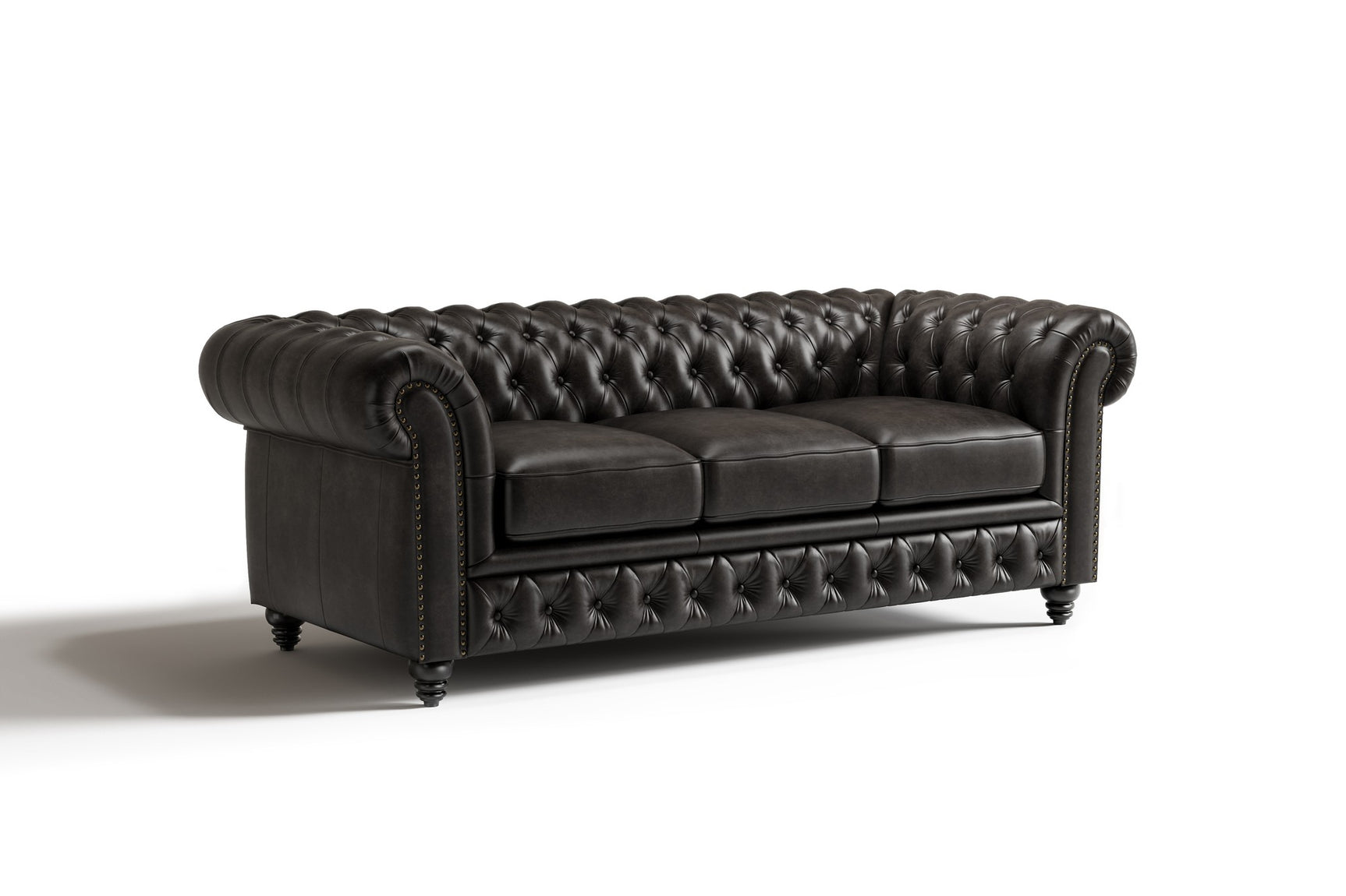 Valencia Parma 82" Full Aniline Leather Chesterfield Three Seats Sofa, Black