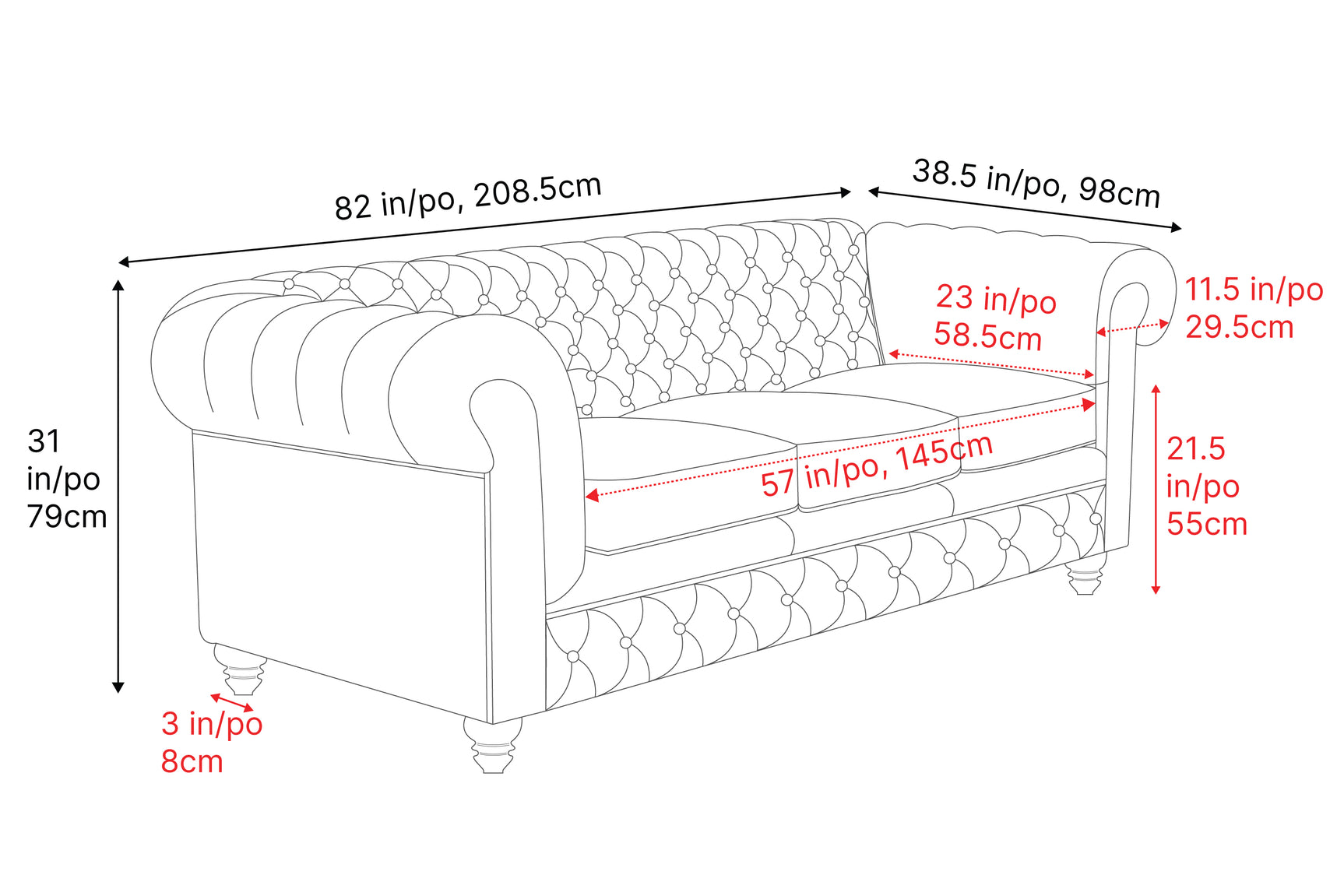Valencia Parma 82" Full Aniline Leather Chesterfield Three Seats Sofa, Chocolate
