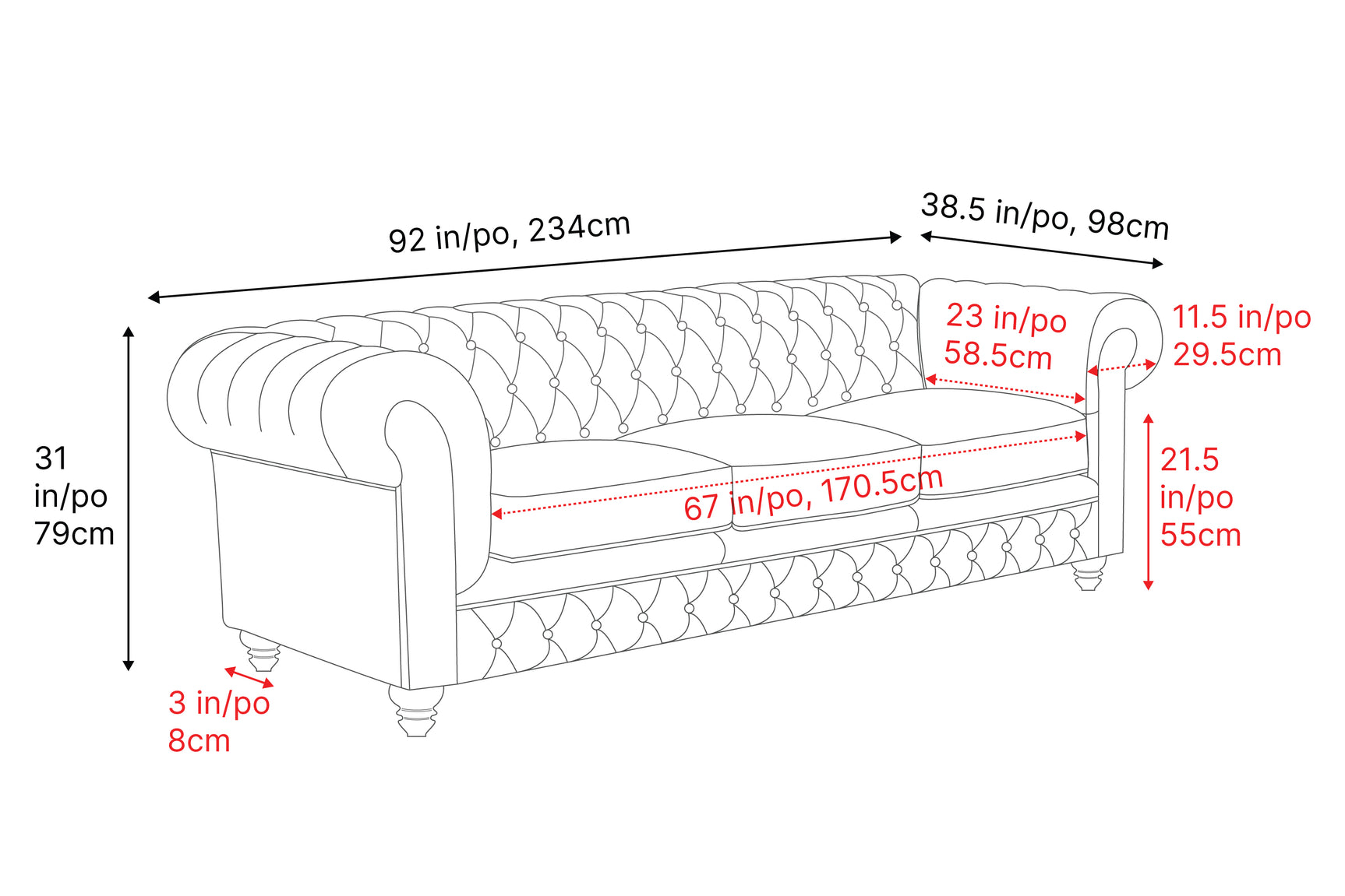 Valencia Parma 92" Full Aniline Leather Chesterfield Three Seats Sofa, Chocolate Color