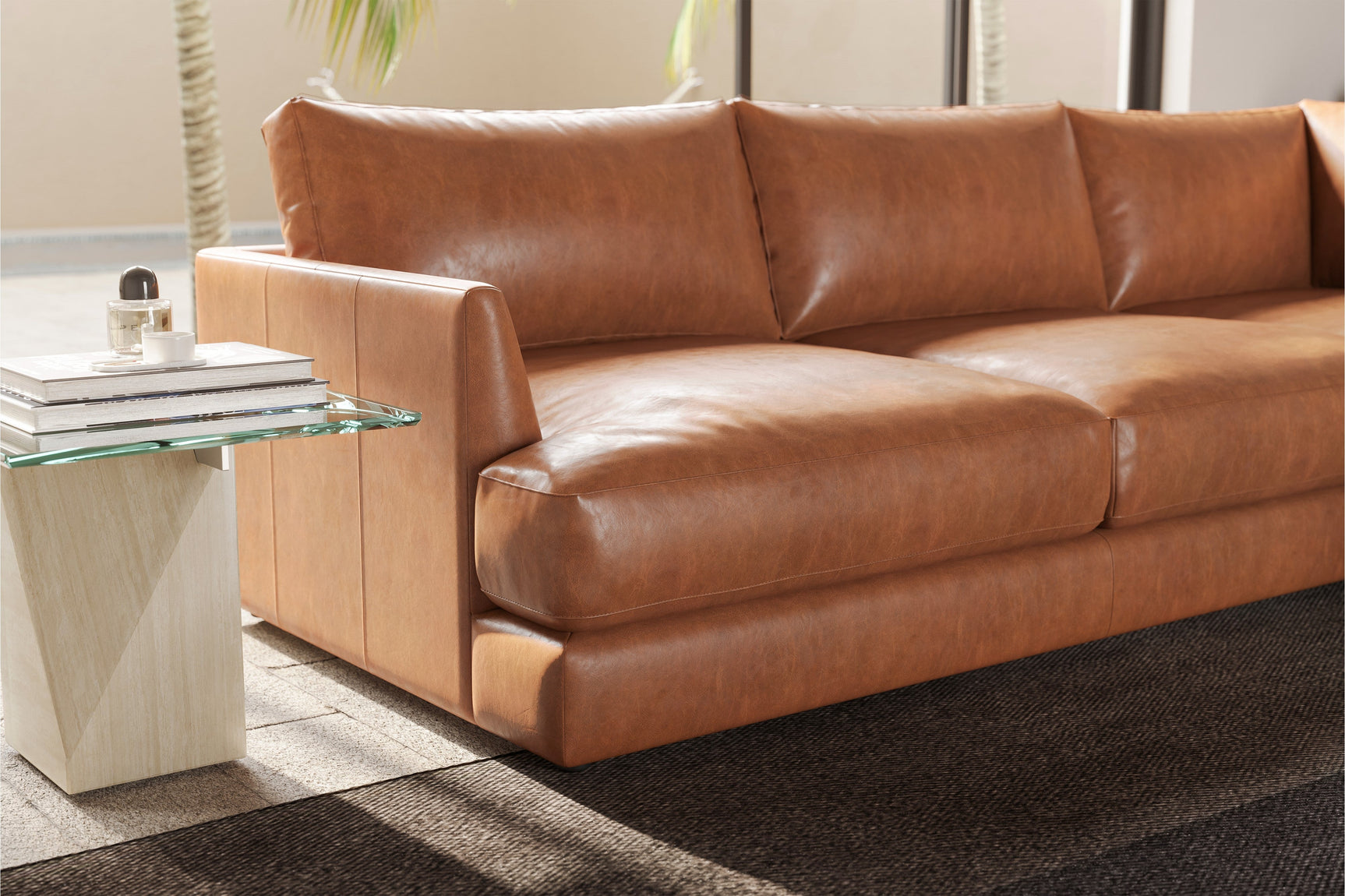Valencia Serena Leather L-shape with Right Chaise Sectional Sofa, Cognac