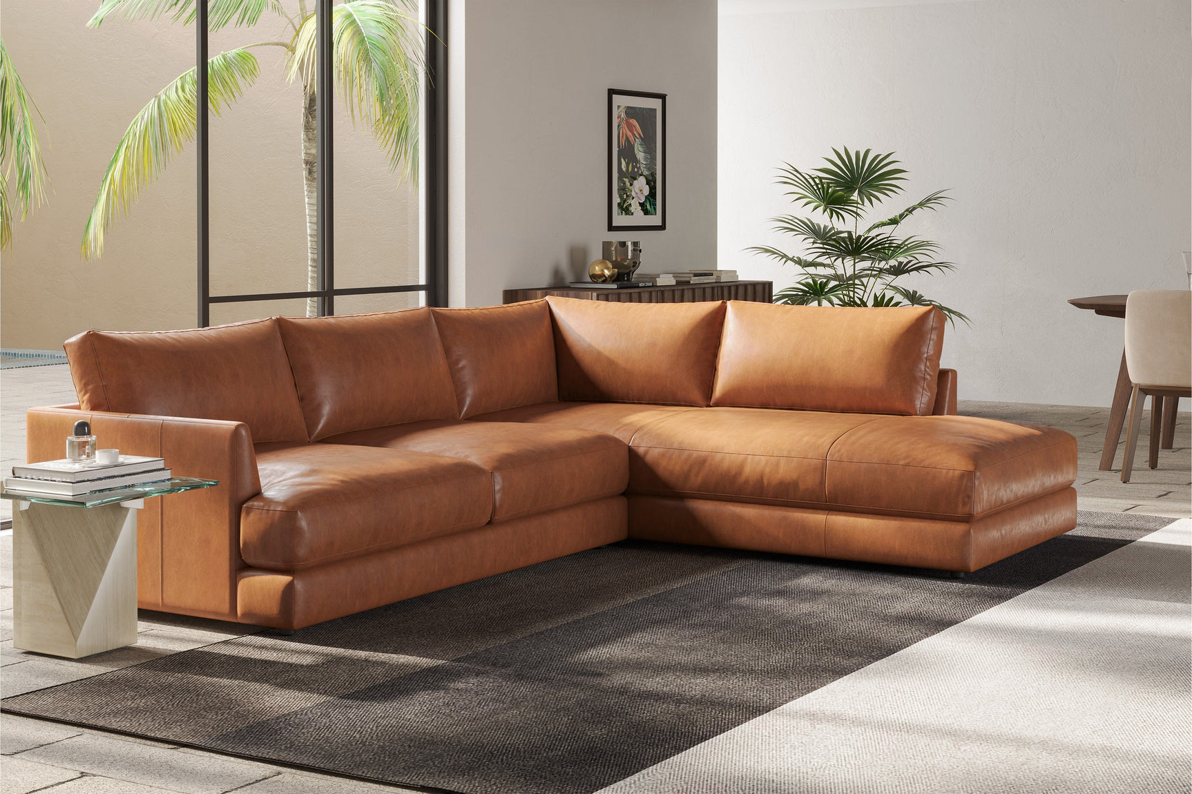 Valencia Serena Leather L-shape with Right Chaise Sectional Sofa, Cognac