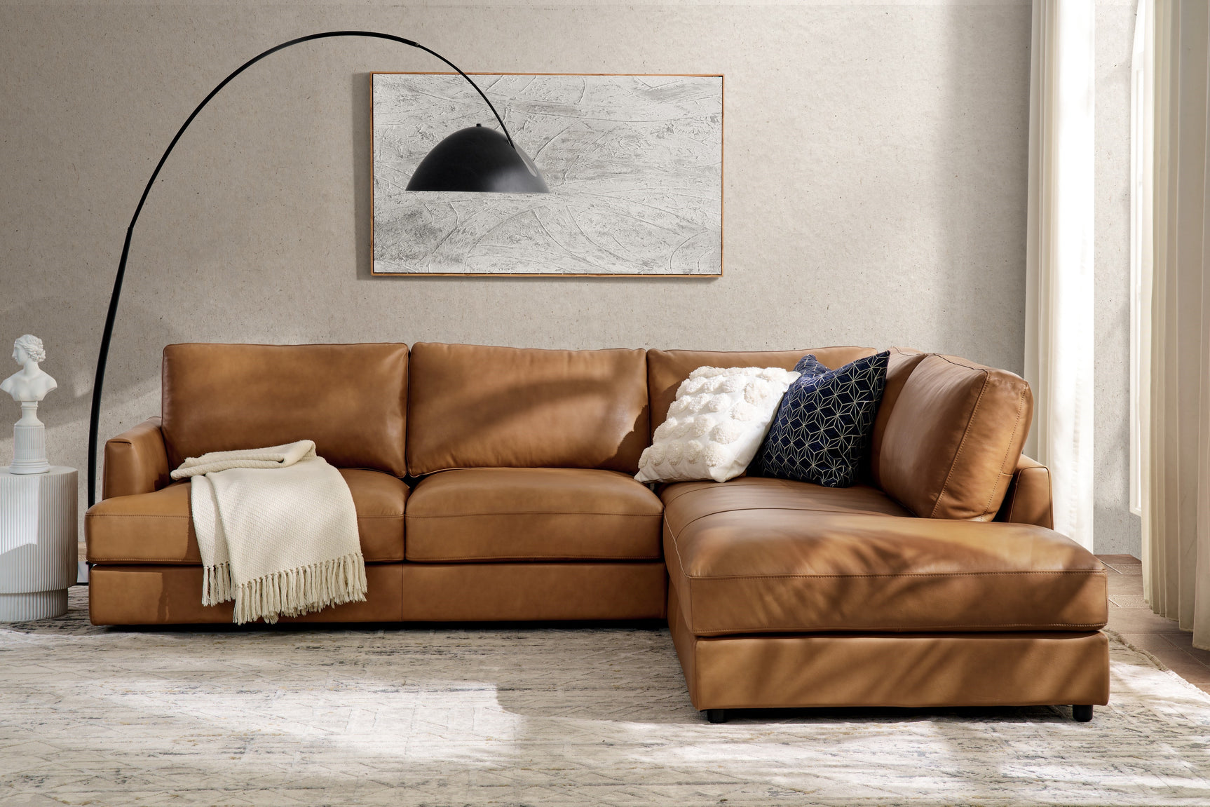 Valencia Serena Leather L-shape with Right Chaise Sectional Sofa, Cognac