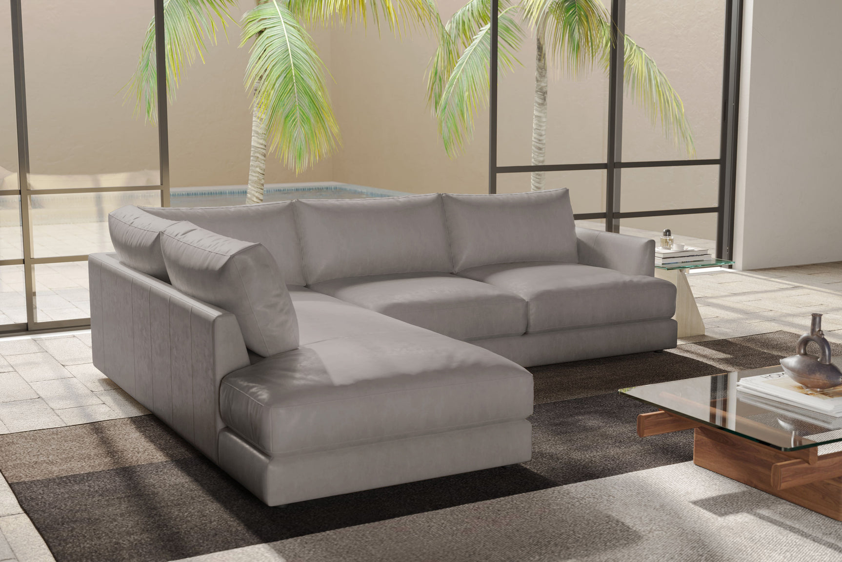 Valencia Serena Leather L-shape with Left Chaise Sectional Sofa, Light Grey