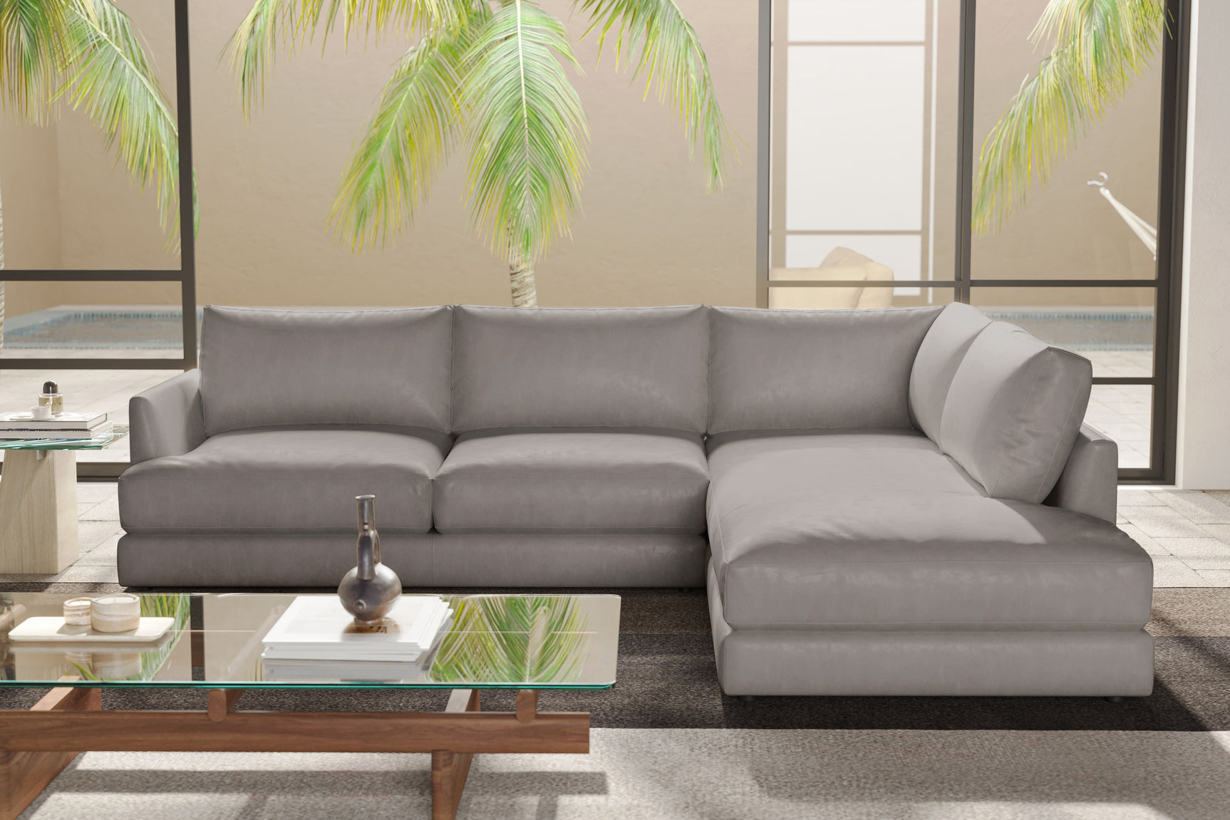 Valencia Serena Leather L-shape with Right Chaise Sectional Sofa, Light Grey