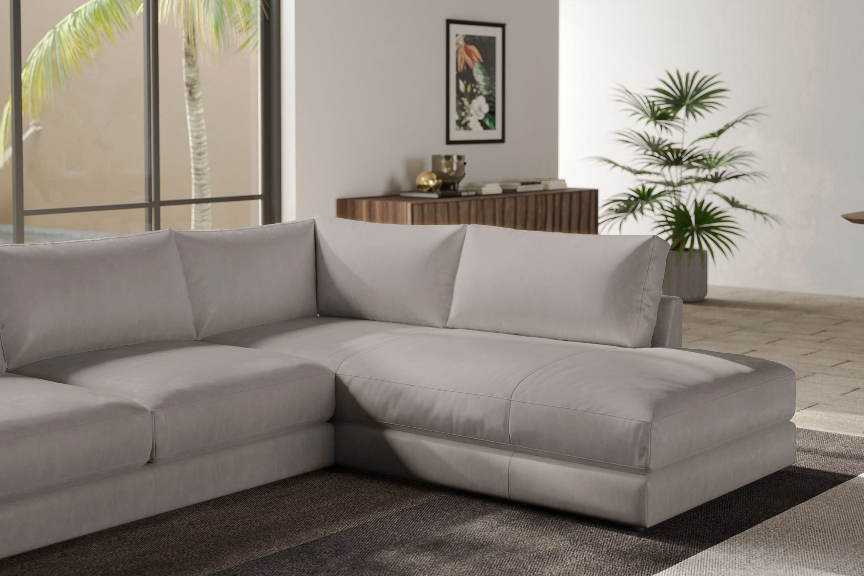 Valencia Serena Leather L-shape with Right Chaise Sectional Sofa, Light Grey