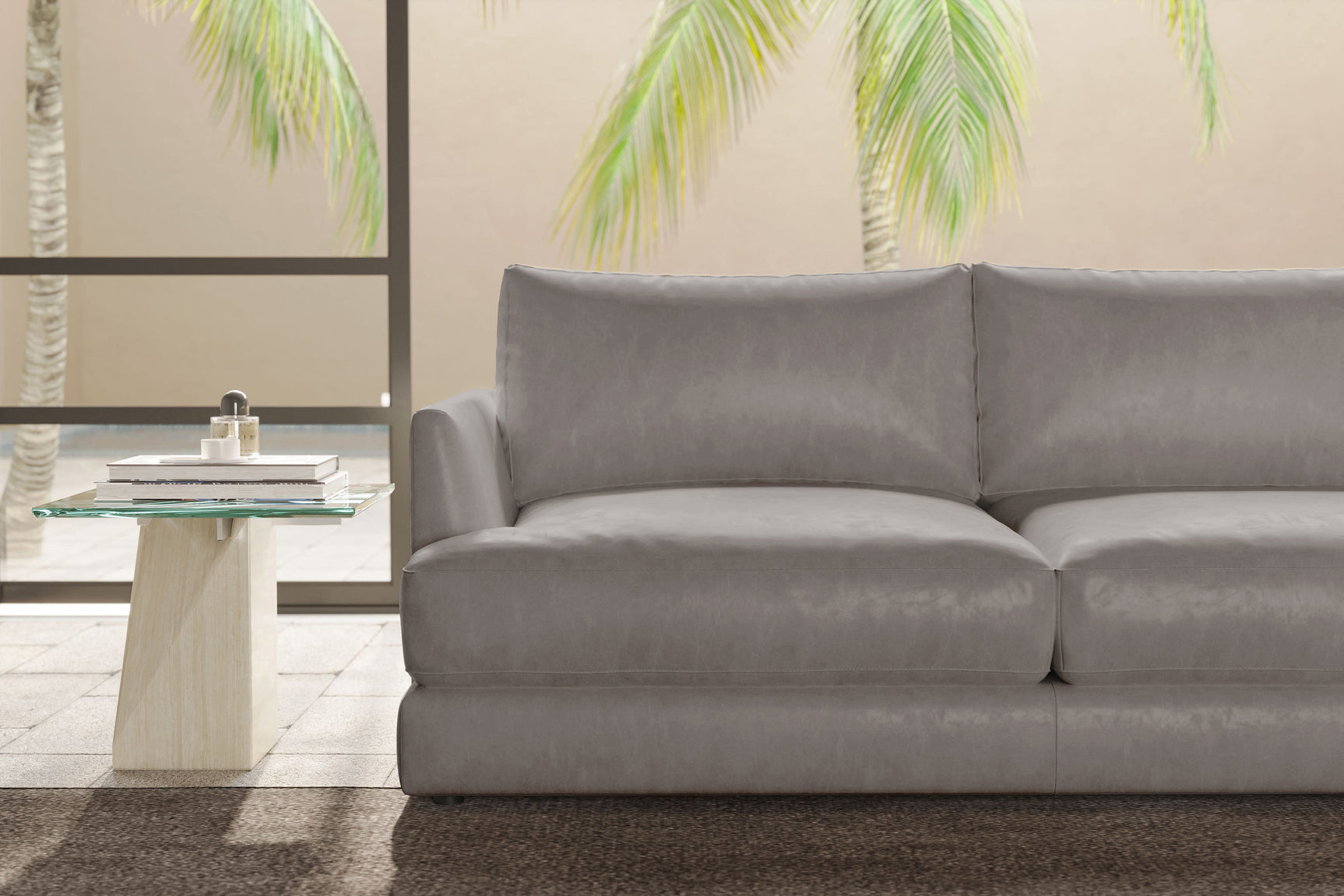 Valencia Serena Leather L-shape with Right Chaise Sectional Sofa, Light Grey