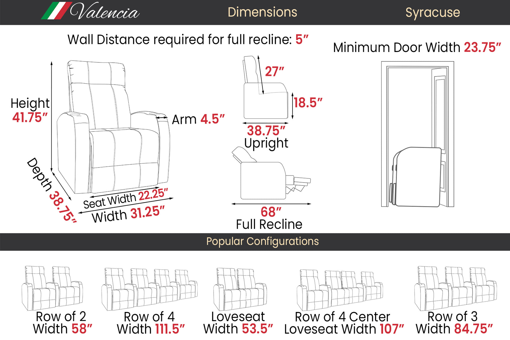 Valencia Syracuse Single Home Cinema Seating