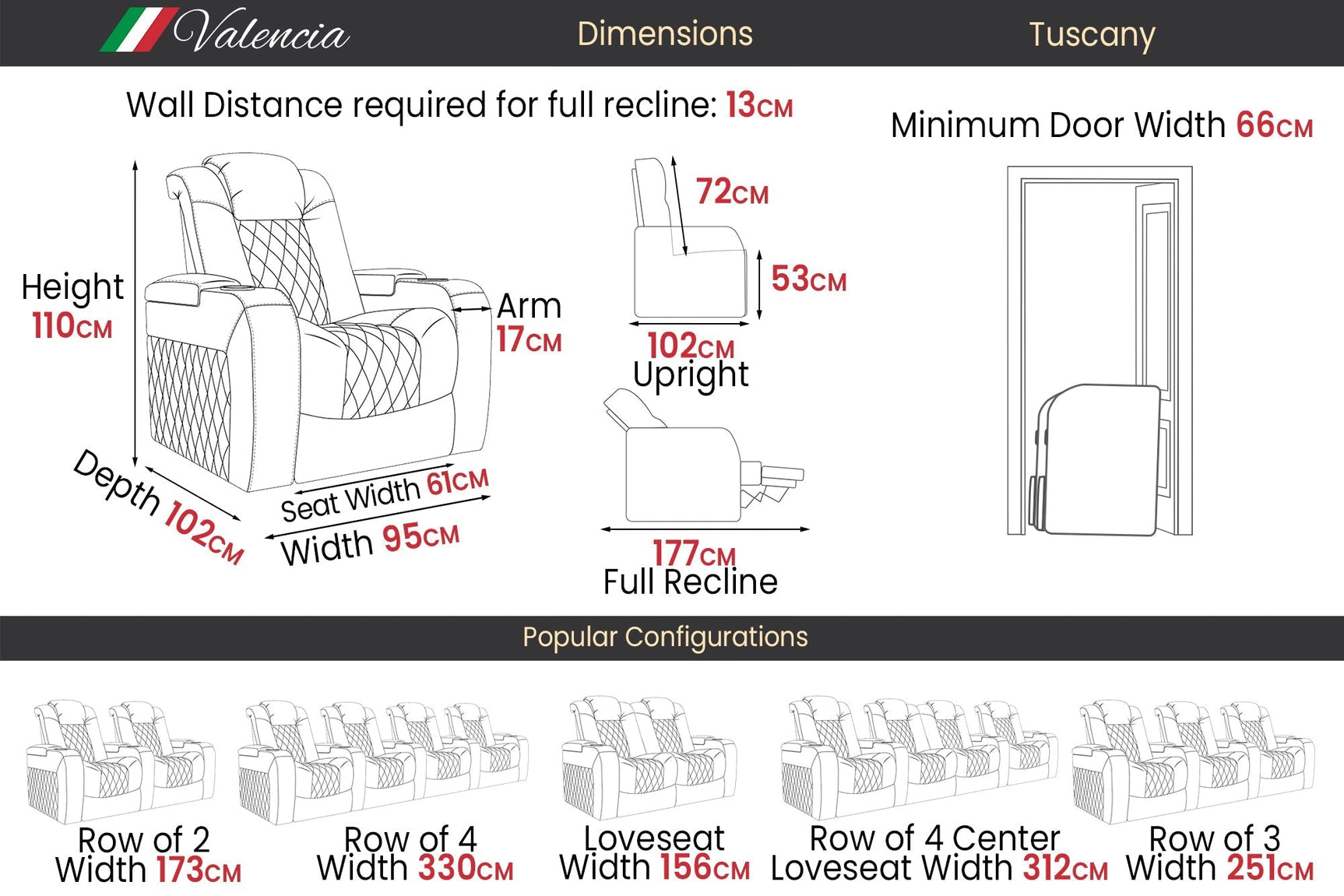 Valencia Tuscany Ultimate Luxury Edition Row of 3 Onyx