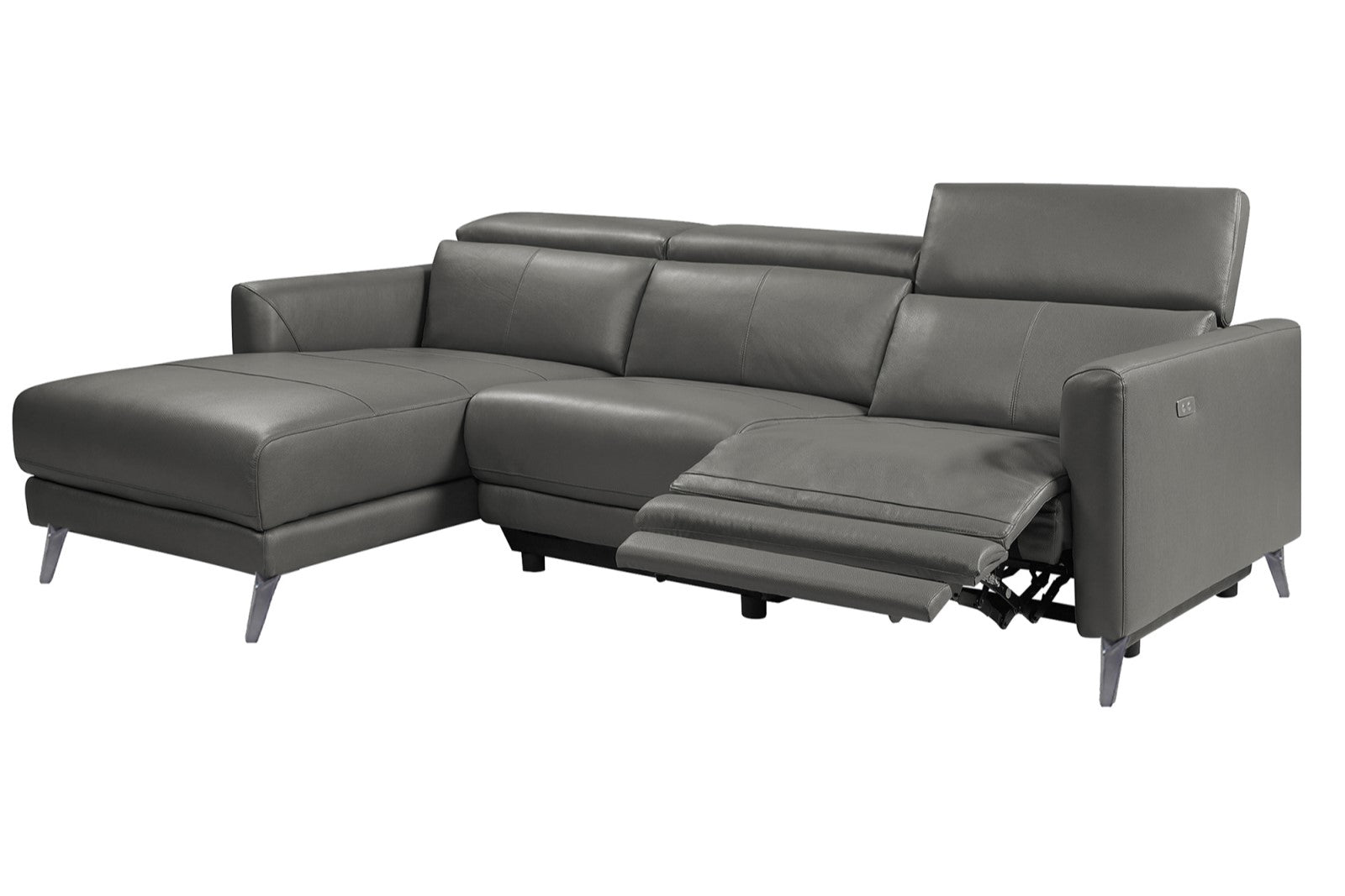 Valencia Andria Modern Left Hand Facing Top Grain Leather Reclining Sectional, Grey