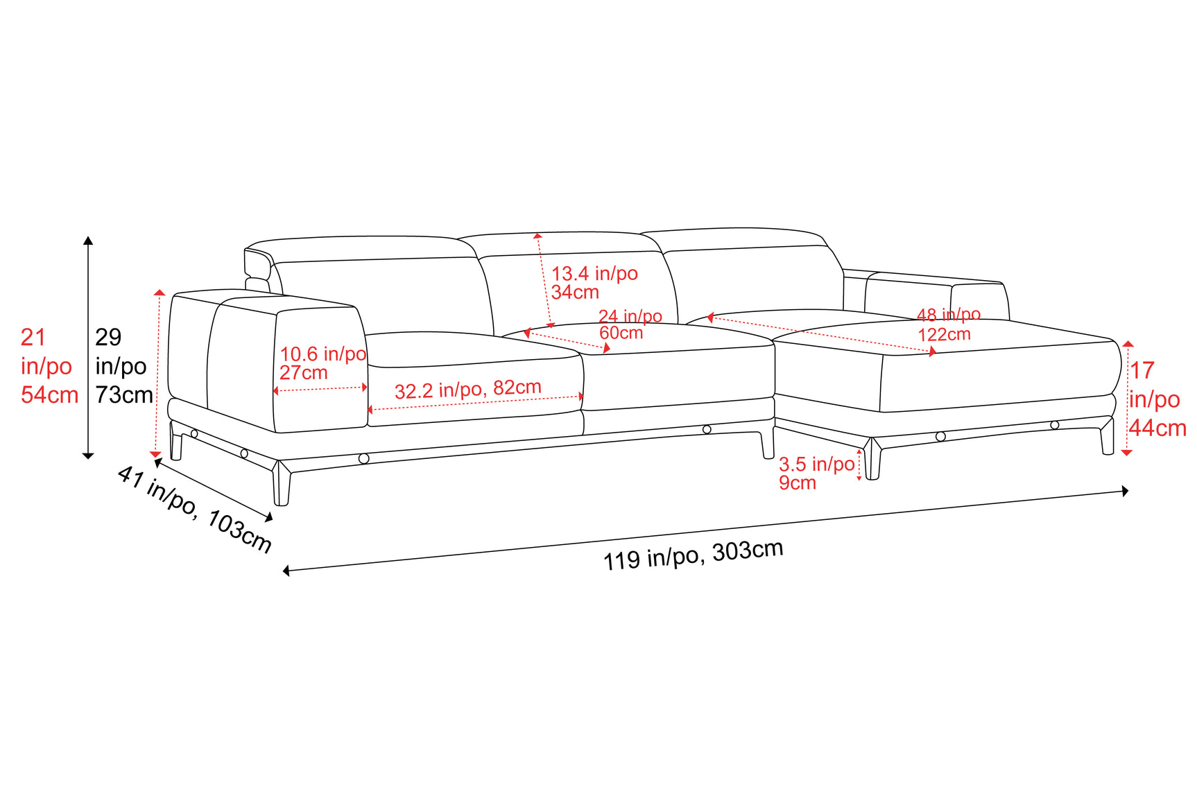 Valencia Valletta Top Grain Leather Three Seats with Right Chaise Sofa, Cognac
