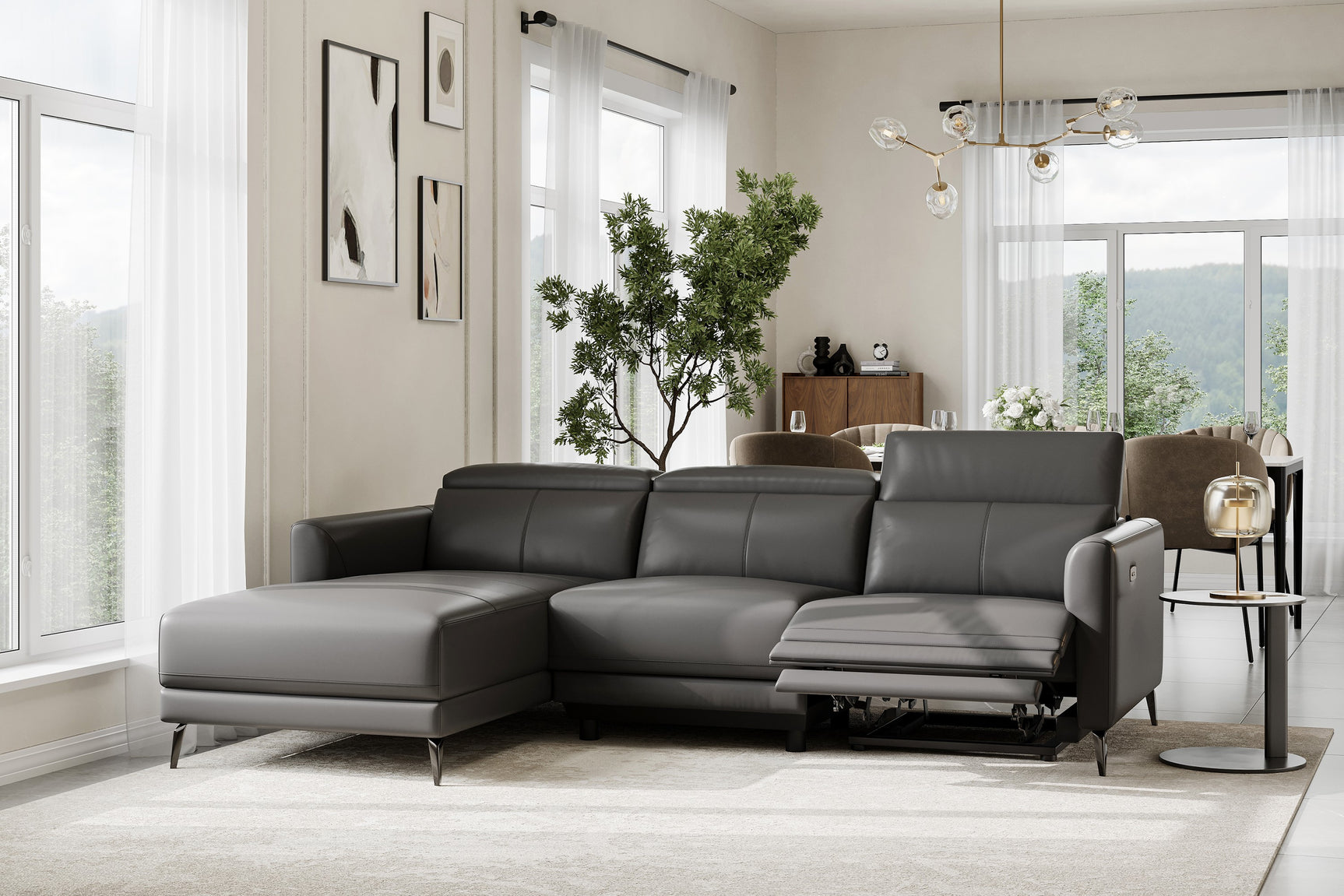 Valencia Andria Modern Left Hand Facing Top Grain Leather Reclining Sectional, Grey
