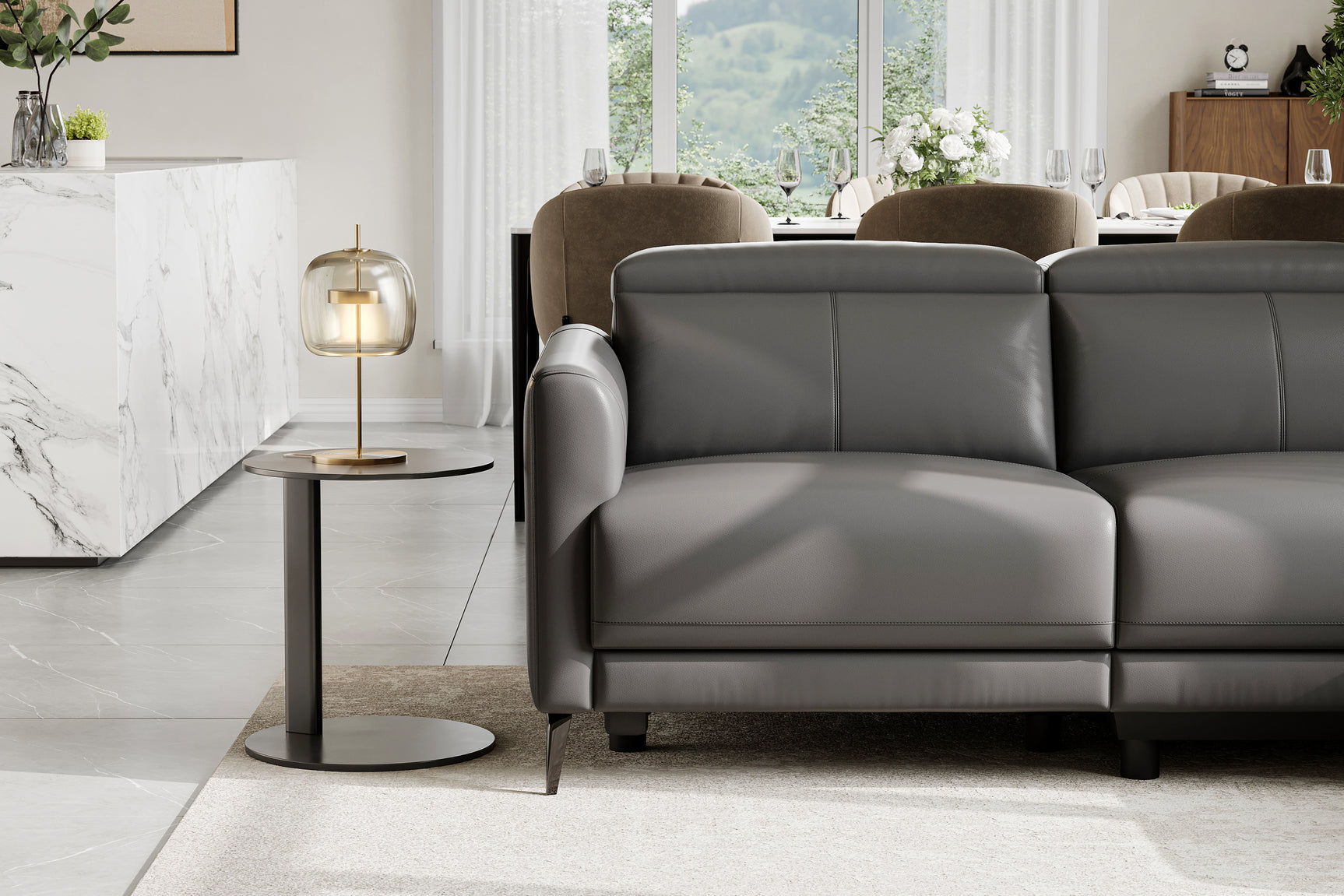 Valencia Andria Modern Right Hand Facing Top Grain Leather Reclining Sectional, Grey