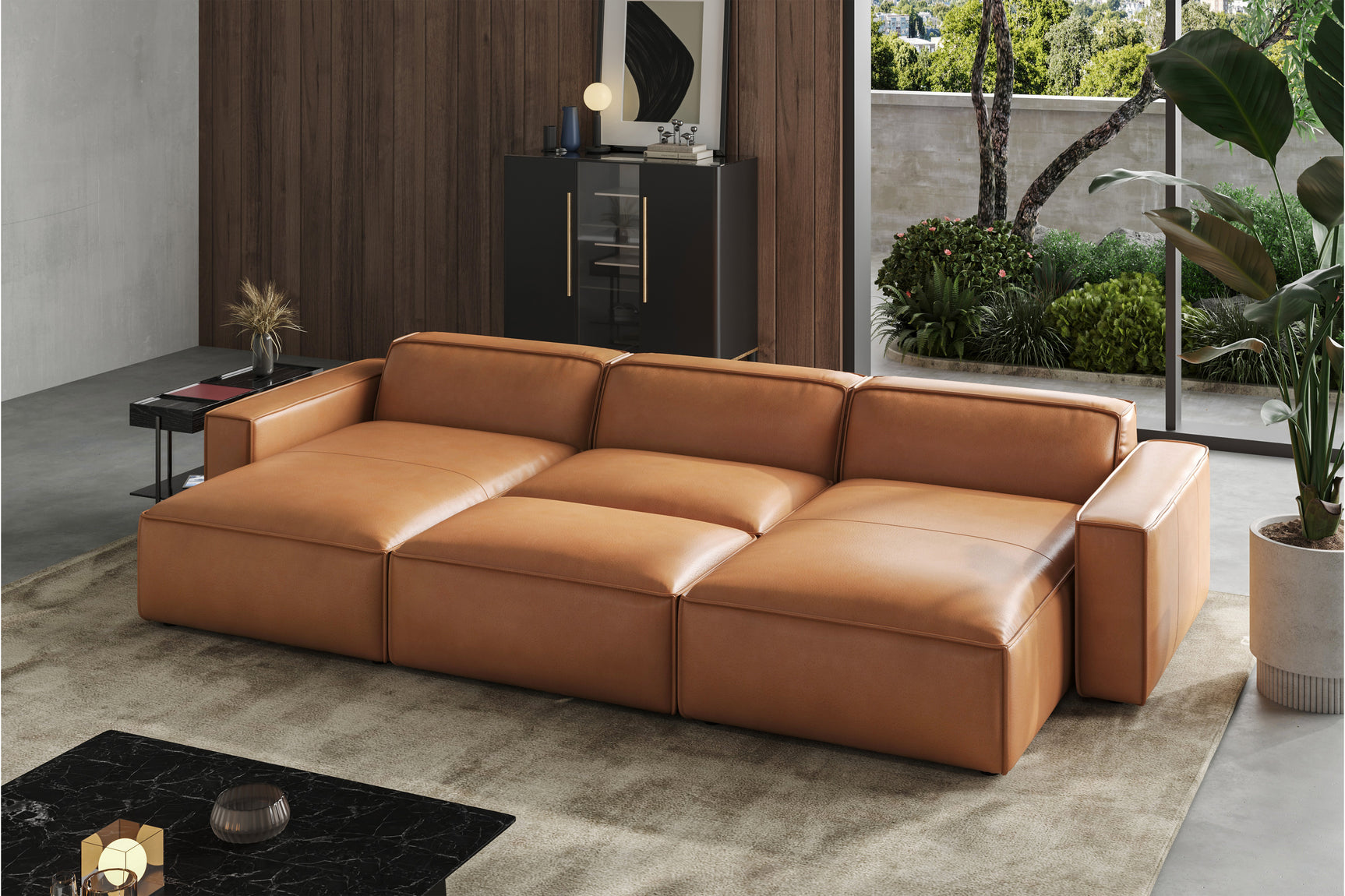 Valencia Nathan Full Aniline Leather Theater Lounge Modular Sofa with Down Feather, Bed Shape, Caramel Brown Color