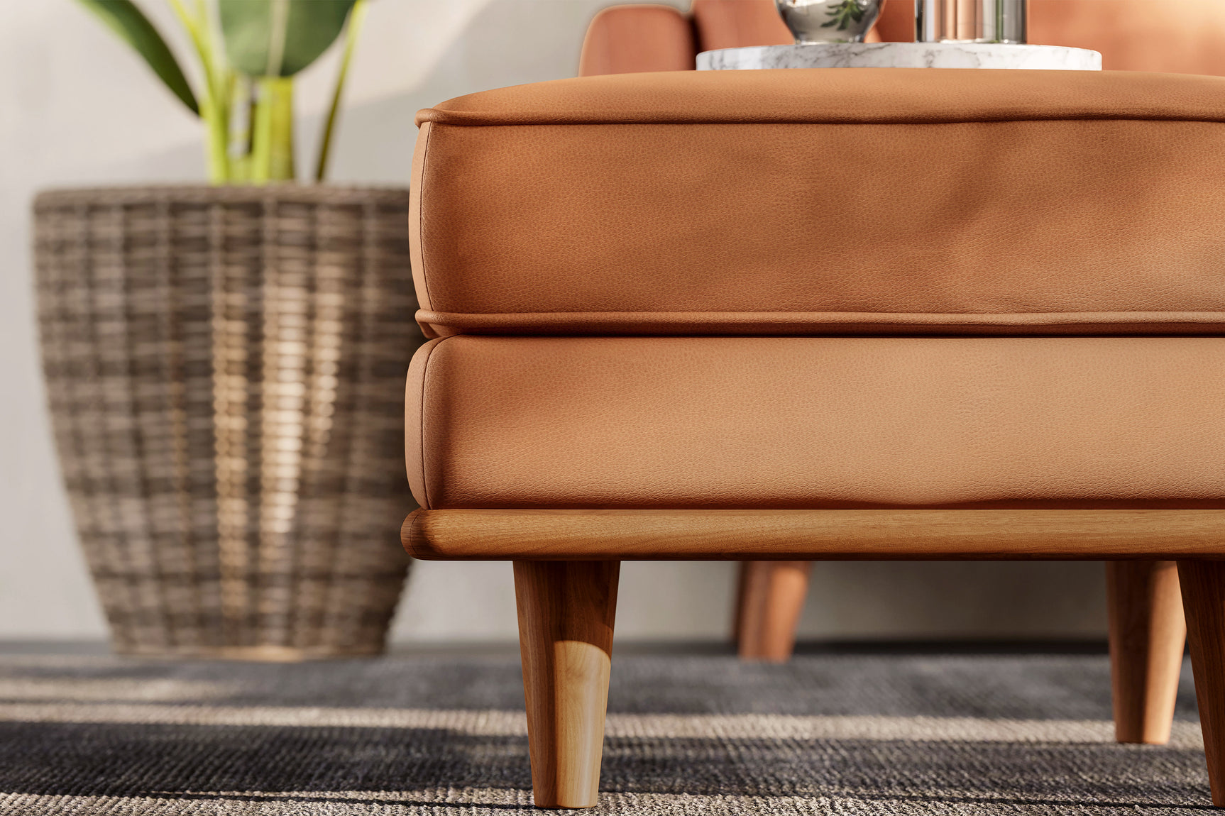 Valencia Artisan Top Grain Leather Ottoman, Cognac Color