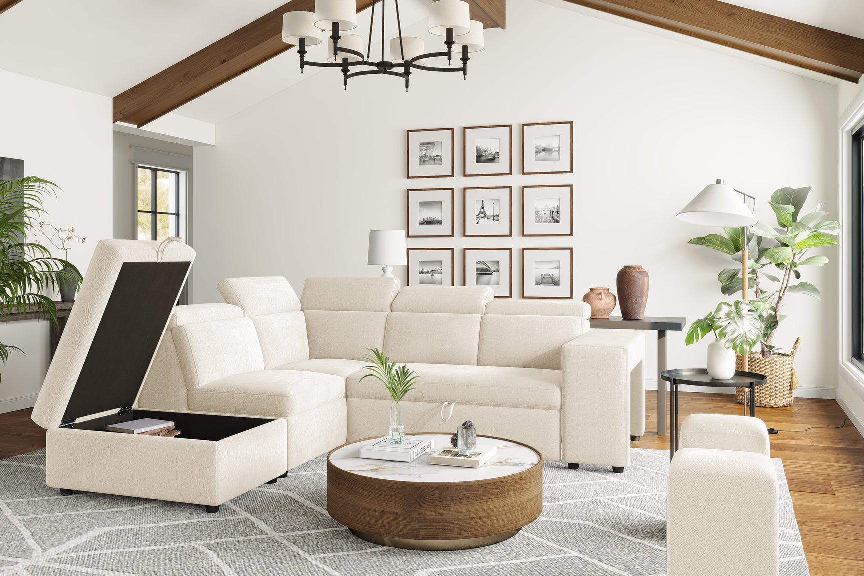 Valencia Finn Fabric Sectional Sofa Bed with Left Hand Storage, Beige Color