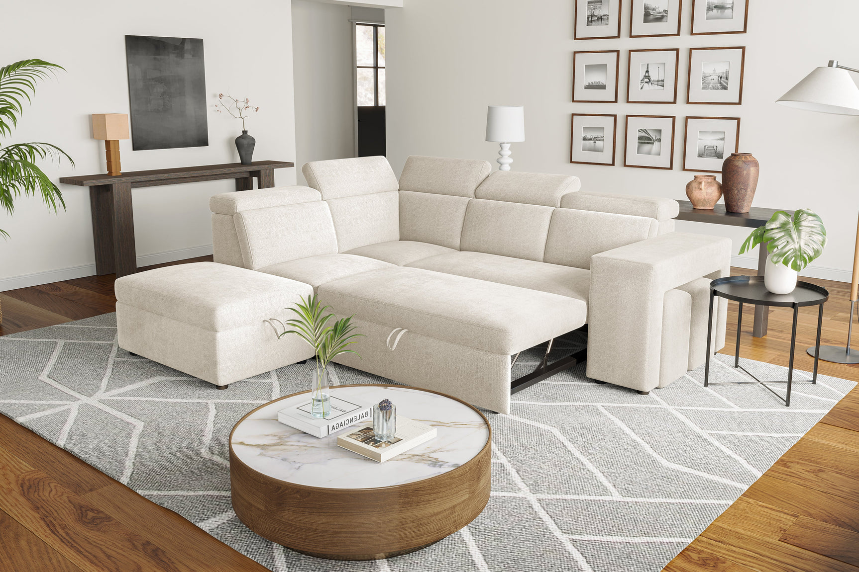 Valencia Finn Fabric Sectional Sofa Bed with Left Hand Storage, Beige Color
