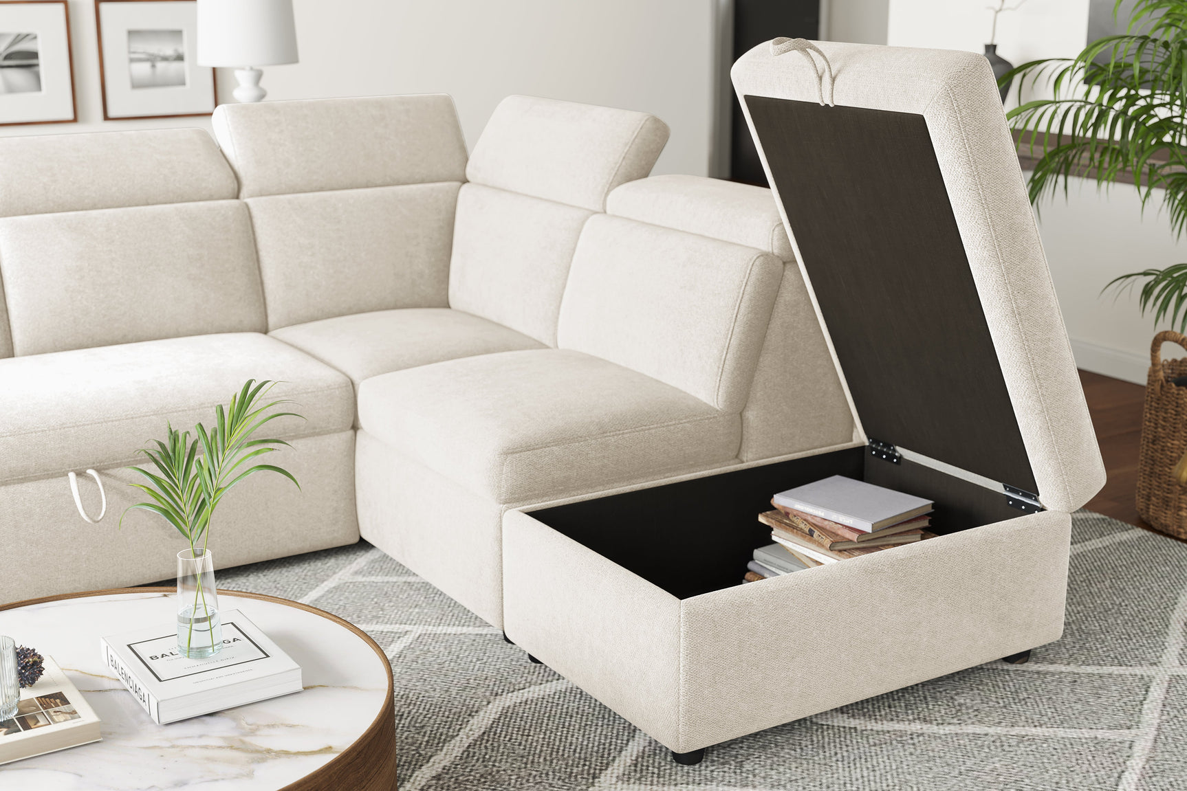 Valencia Finn Fabric Sectional Sofa Bed with Right Hand Storage, Beige Color
