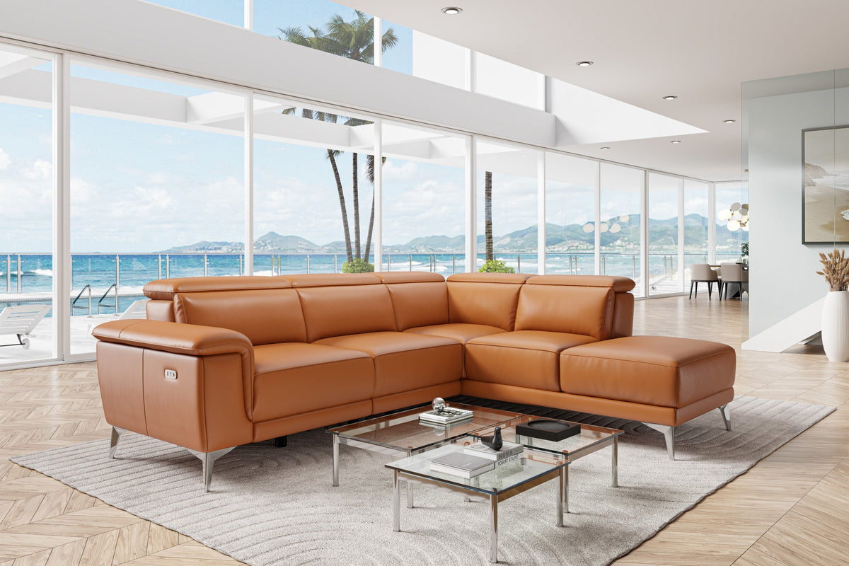 Valencia Pista Modern Top Grain Leather Reclining Sectional Sofa with Right Hand Facing Chaise Cognac