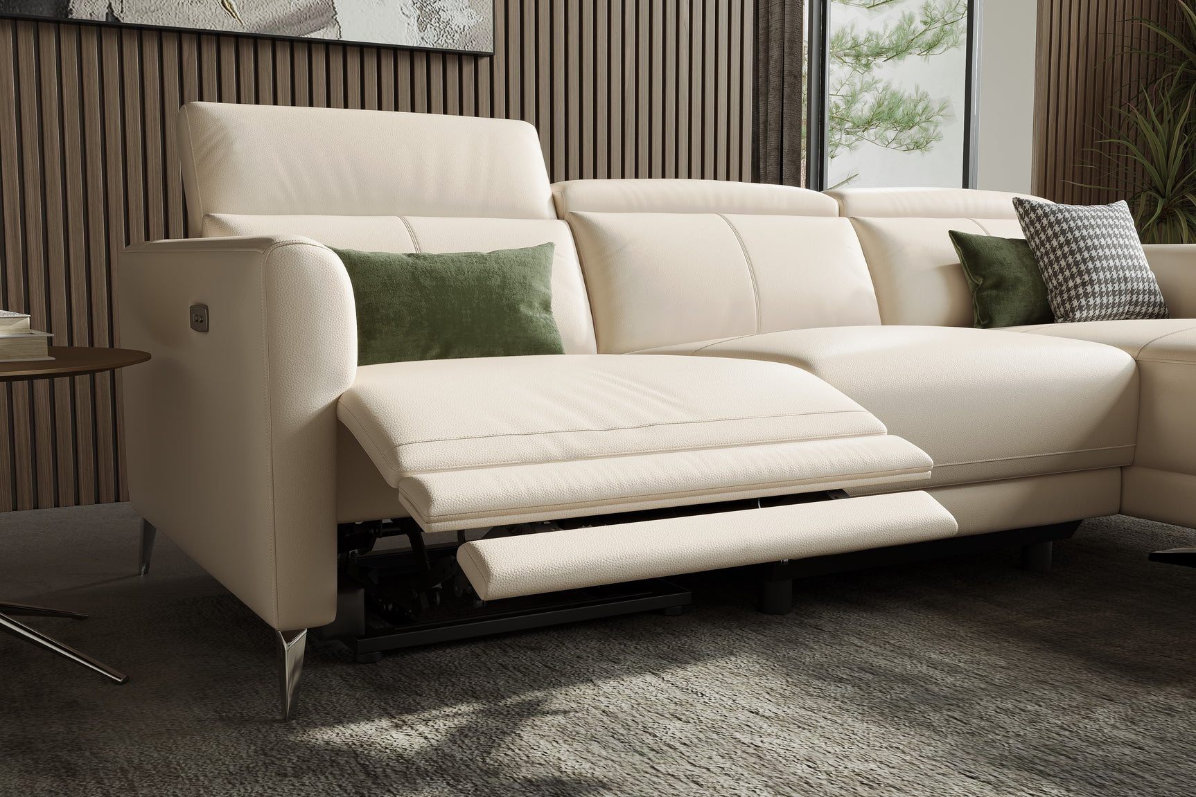 Valencia Andria Modern Right Hand Facing Top Grain Leather Reclining Sectional Sofa, Beige Color