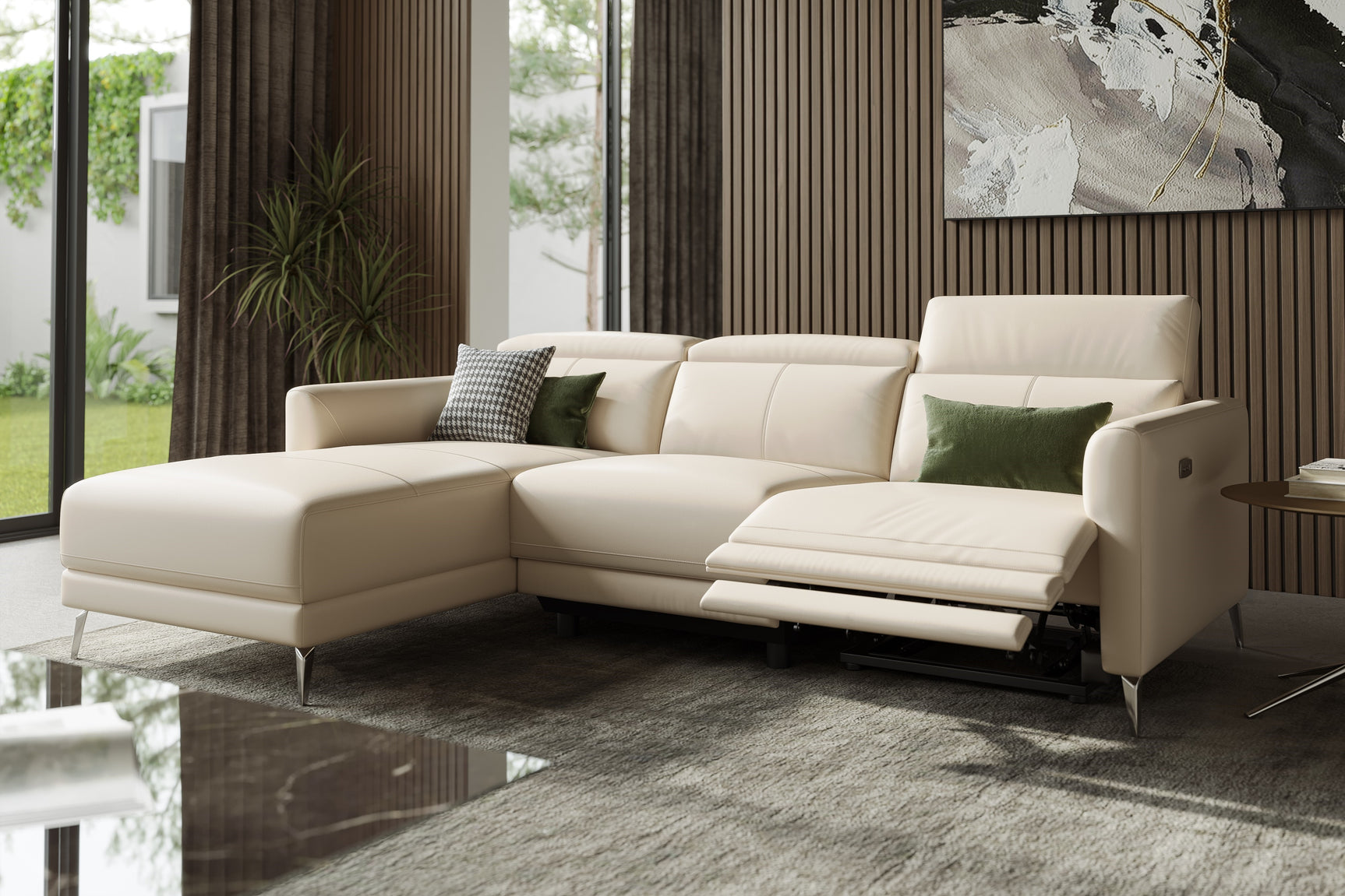 Valencia Andria Modern Left Hand Facing Top Grain Leather Reclining Sectional Sofa, Beige Color
