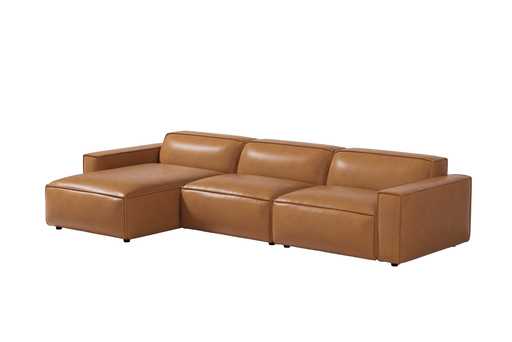 Valencia Nathan Full Aniline Leather Lounge Modular Sofa, Three Seats With Left Chaise, Caramel Brown Color