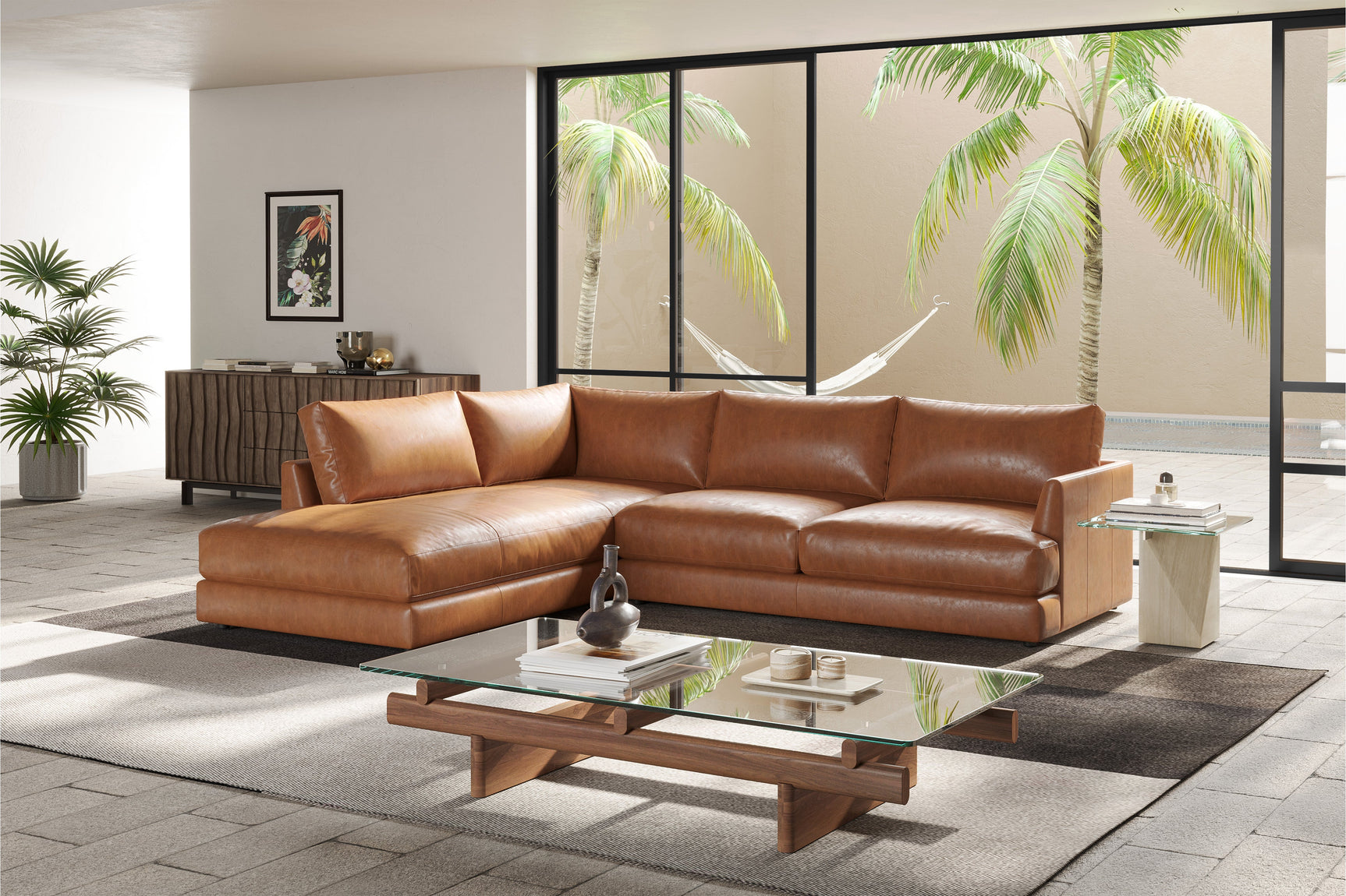 Valencia Serena Leather L-shape with Left Chaise Sectional Sofa, Cognac