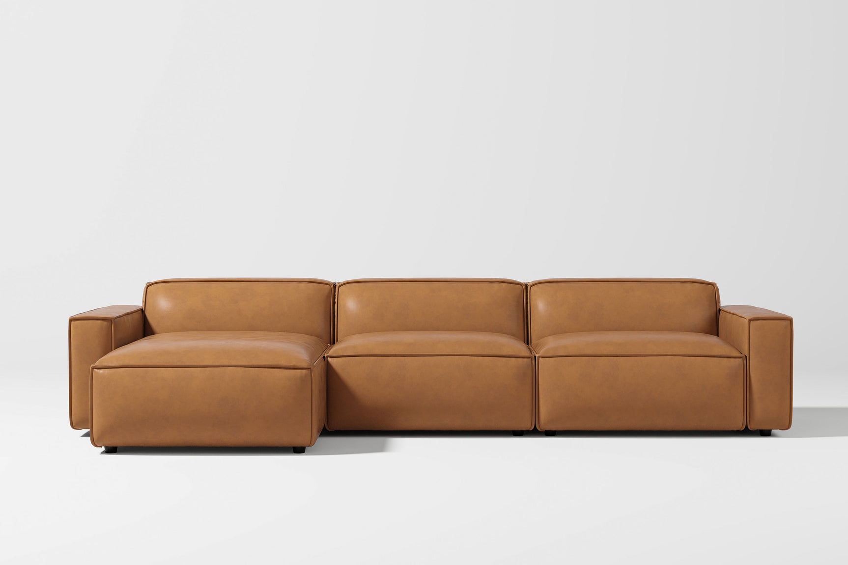 Valencia Nathan Full Aniline Leather Lounge Modular Sofa, Three Seats With Left Chaise, Caramel Brown Color