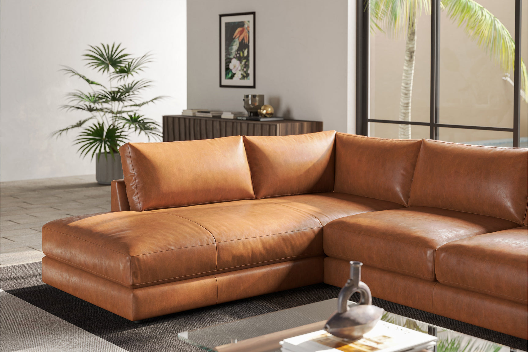 Valencia Serena Leather L-shape with Left Chaise Sectional Sofa, Cognac