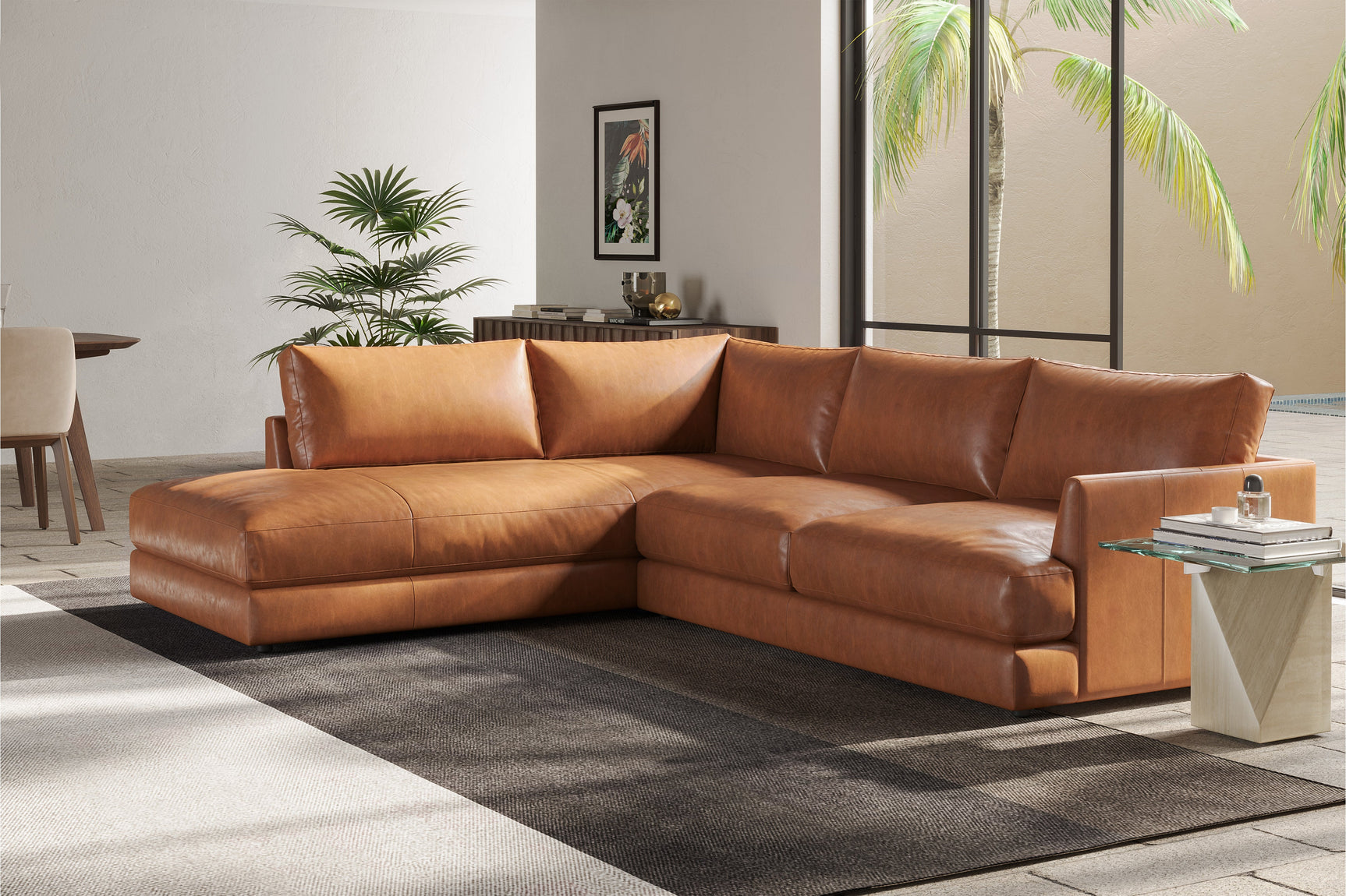 Valencia Serena Leather L-shape with Left Chaise Sectional Sofa, Cognac