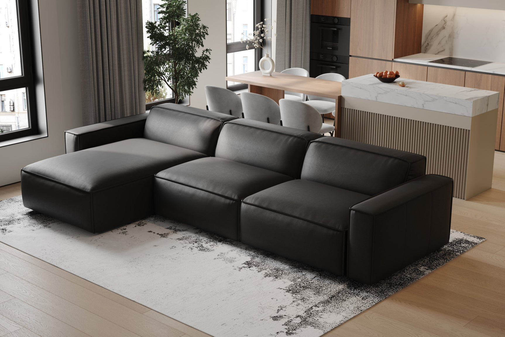Valencia Nathan Full Aniline Leather Lounge Modular Sofa, Three Seats With Left Chaise, Black Color