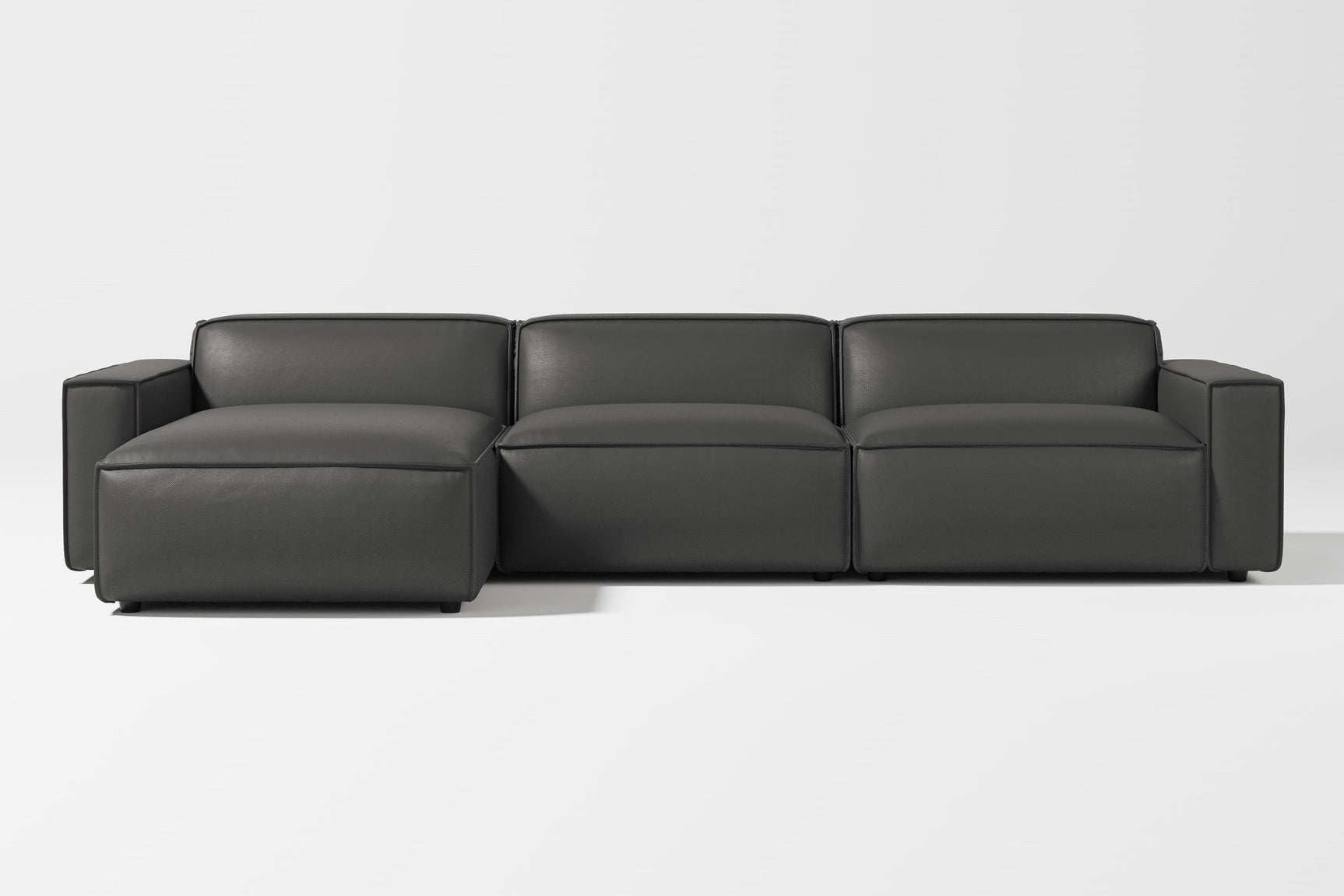 Valencia Nathan Full Aniline Leather Lounge Modular Sofa, Three Seats With Left Chaise, Black Color