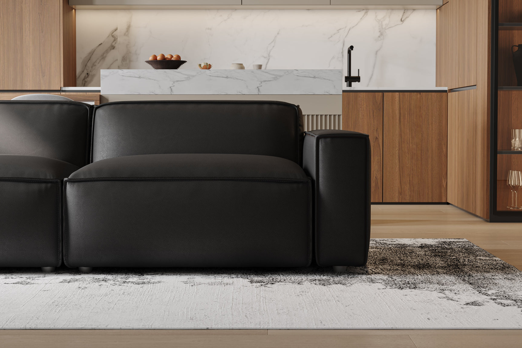 Valencia Nathan Full Aniline Leather Lounge Modular Sofa, Three Seats With Left Chaise, Black Color