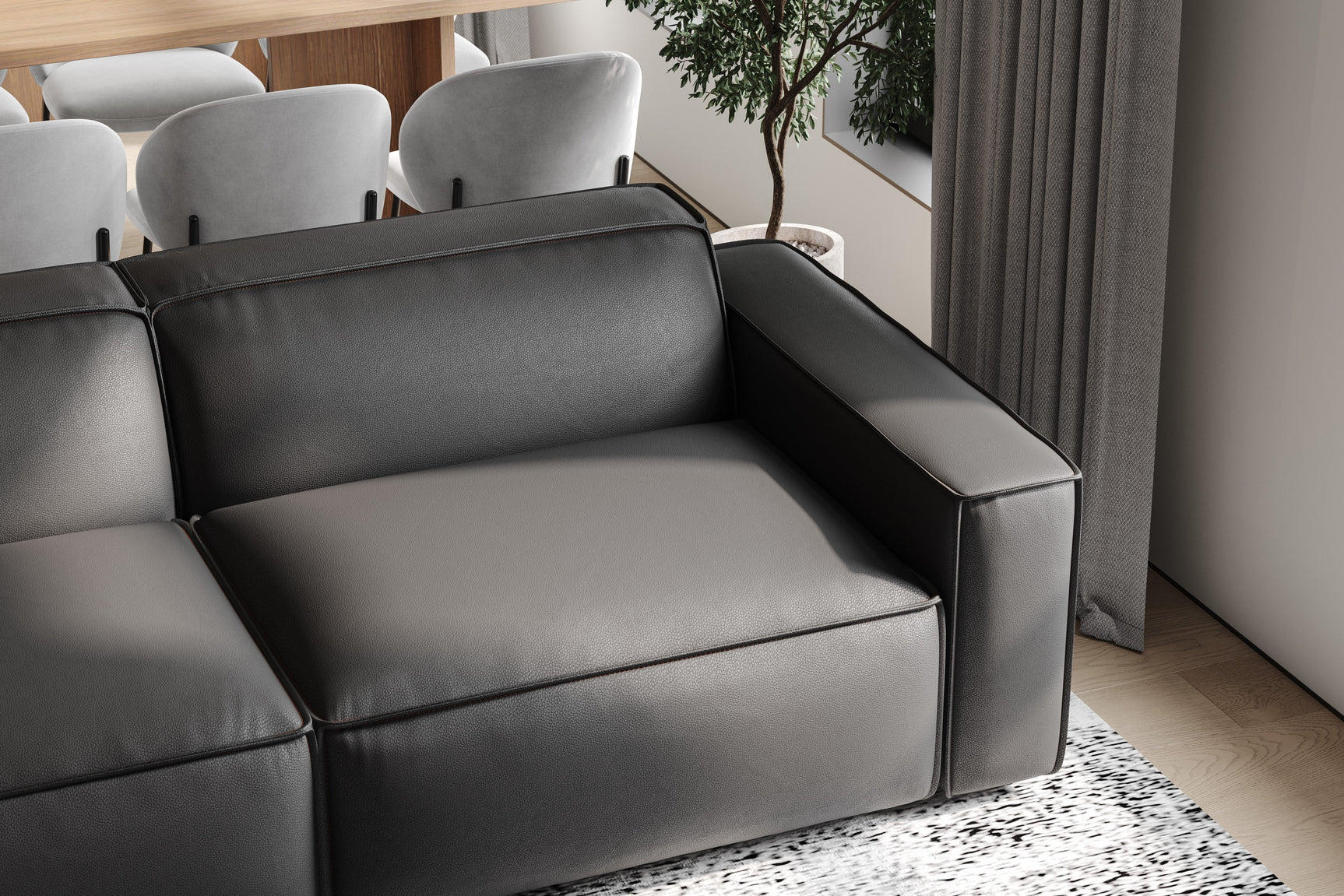 Valencia Nathan Full Aniline Leather Lounge Modular Sofa, Three Seats With Left Chaise, Black Color