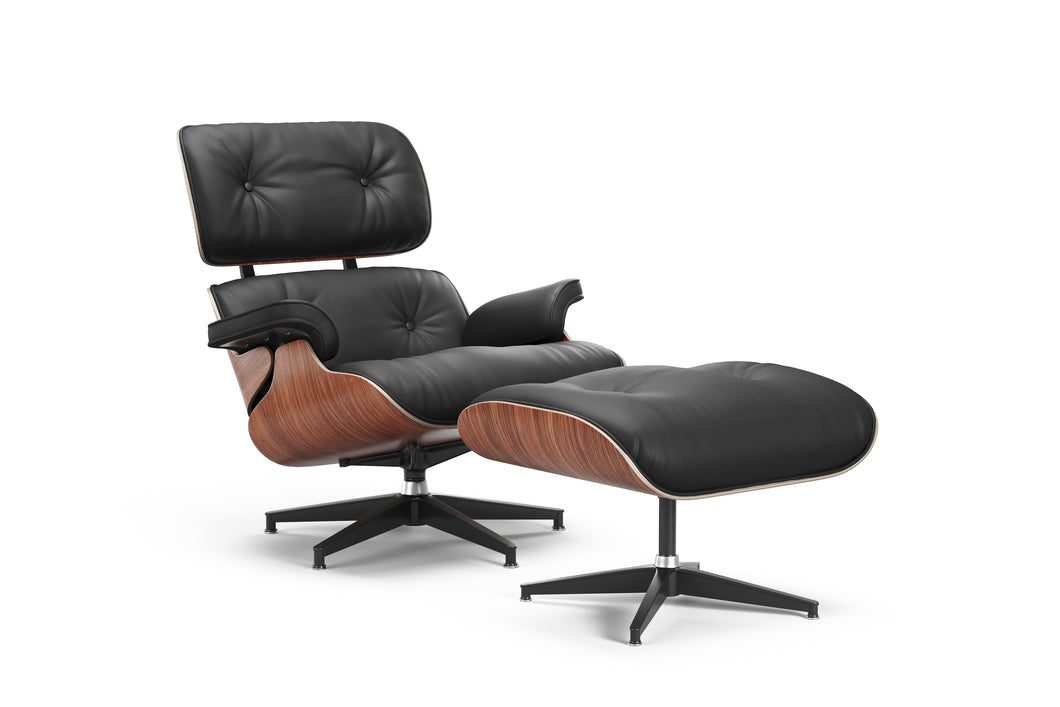 Valencia Armoni Eames Replica Top Grain Leather Lounge Chair & Ottoman, Black Color