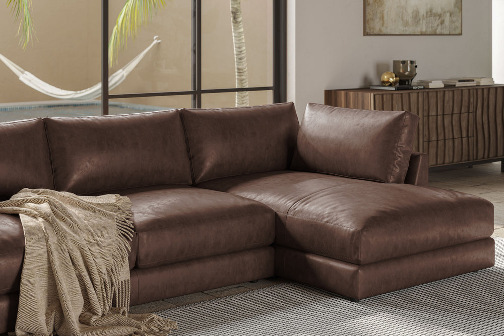 Valencia Serena Leather Three Seats with Right Chaise Sectional Sofa, Brown