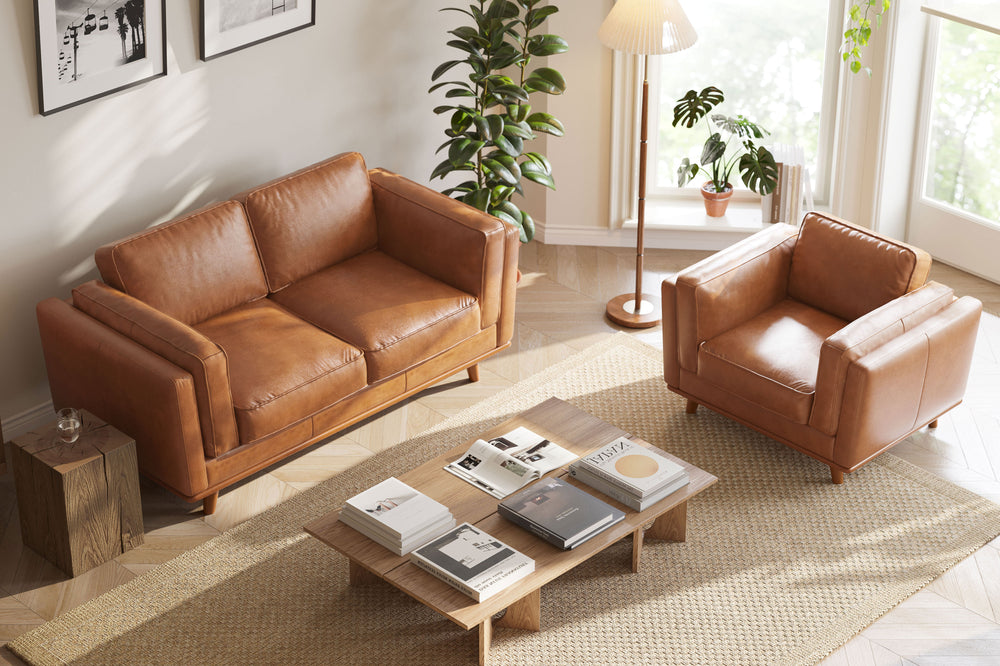 Valencia Artisan Top Grain Leather Loveseat Sofa, Cognac Color