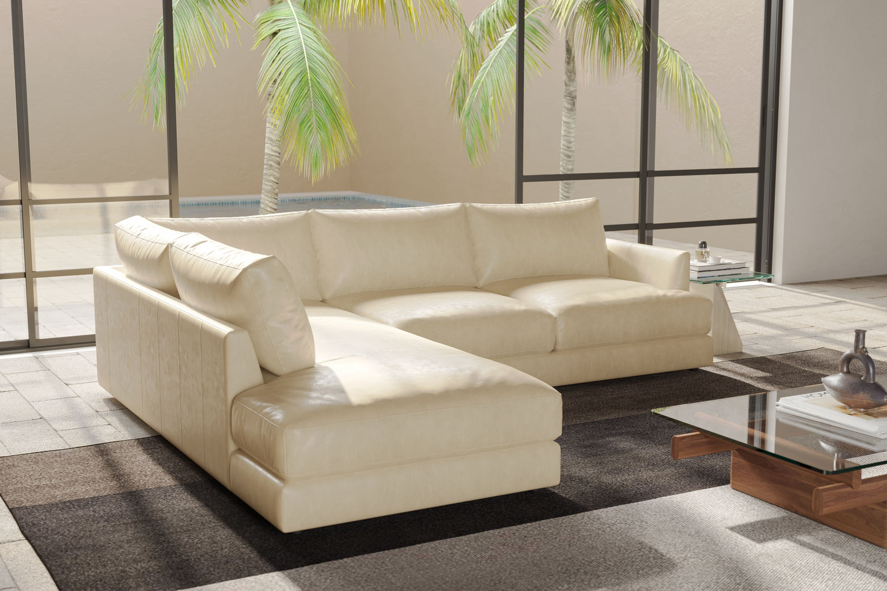 Valencia Serena Leather L-shape with Left Chaise Sectional Sofa, Beige