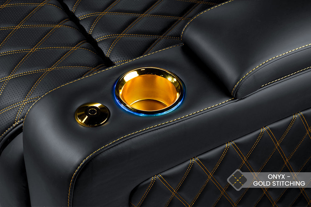 Valencia Oslo Ultimate Luxury Edition Row of 4 Loveseat Left Onyx with Gold Stitching