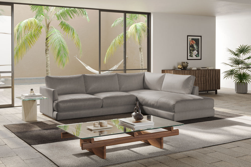 Valencia Serena Leather L-shape with Right Chaise Sectional Sofa, Light Grey