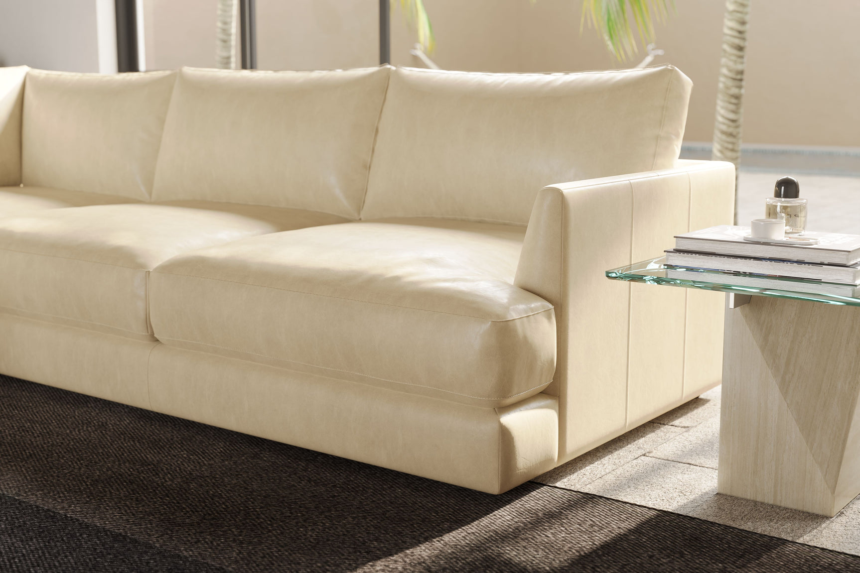 Valencia Serena Leather L-shape with Left Chaise Sectional Sofa, Beige