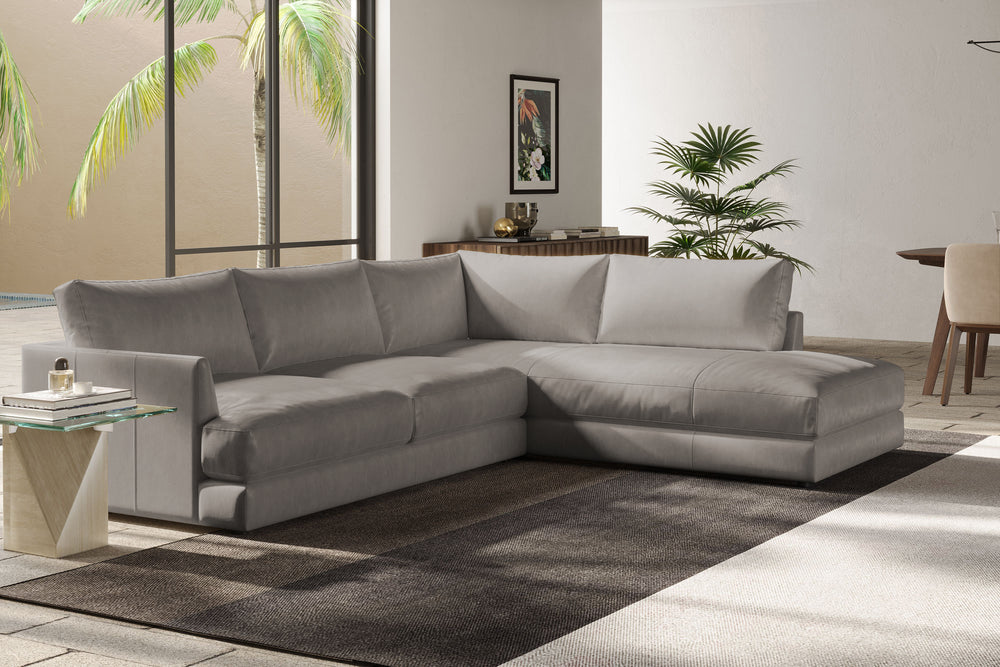 Valencia Serena Leather L-shape with Right Chaise Sectional Sofa, Light Grey